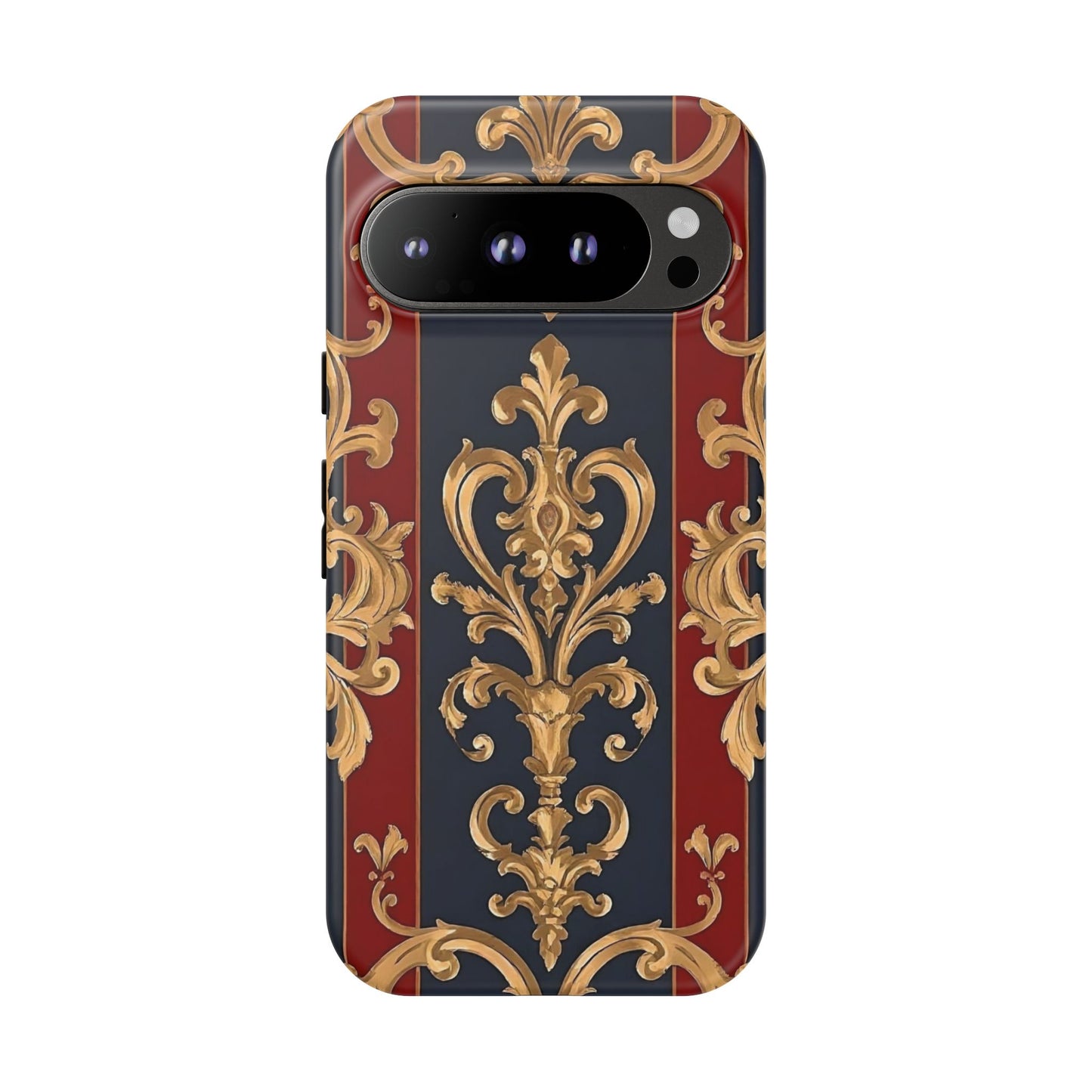 Elegant Floral Motif Phone Case - Tough Cases with Vintage Design - Midnight Blue & Dusk Red Striped Gold Damask