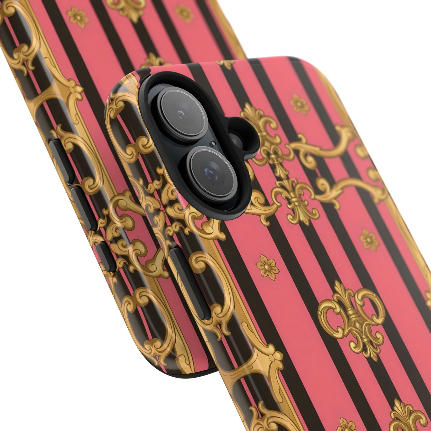 Elegant Baroque Tough Phone Cases, Stylish Protection, Gift for Her, Trendy Accessory - Pink & Black Striped Gold Baroque