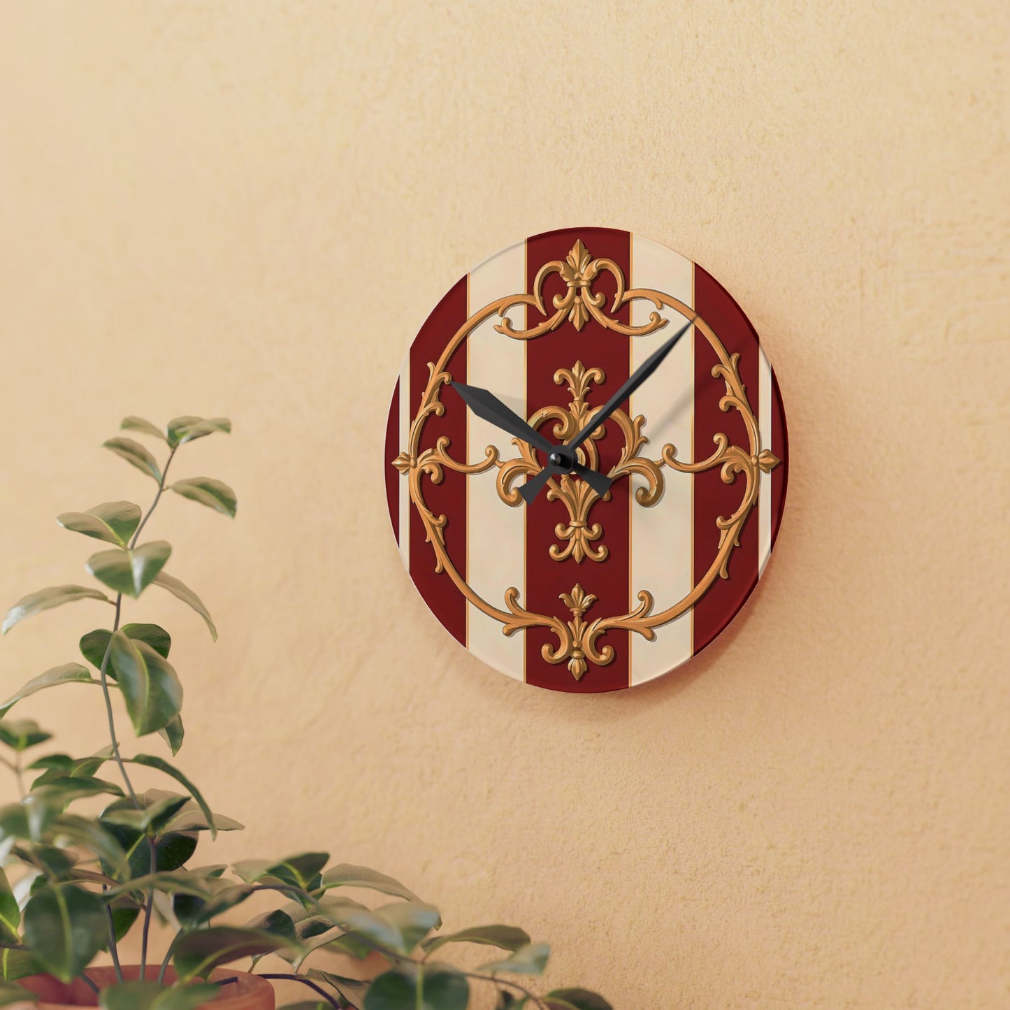 Vintage-Inspired Acrylic Wall Clock with Elegant Design - Alabaster & Dusk Orange Striped Baroque