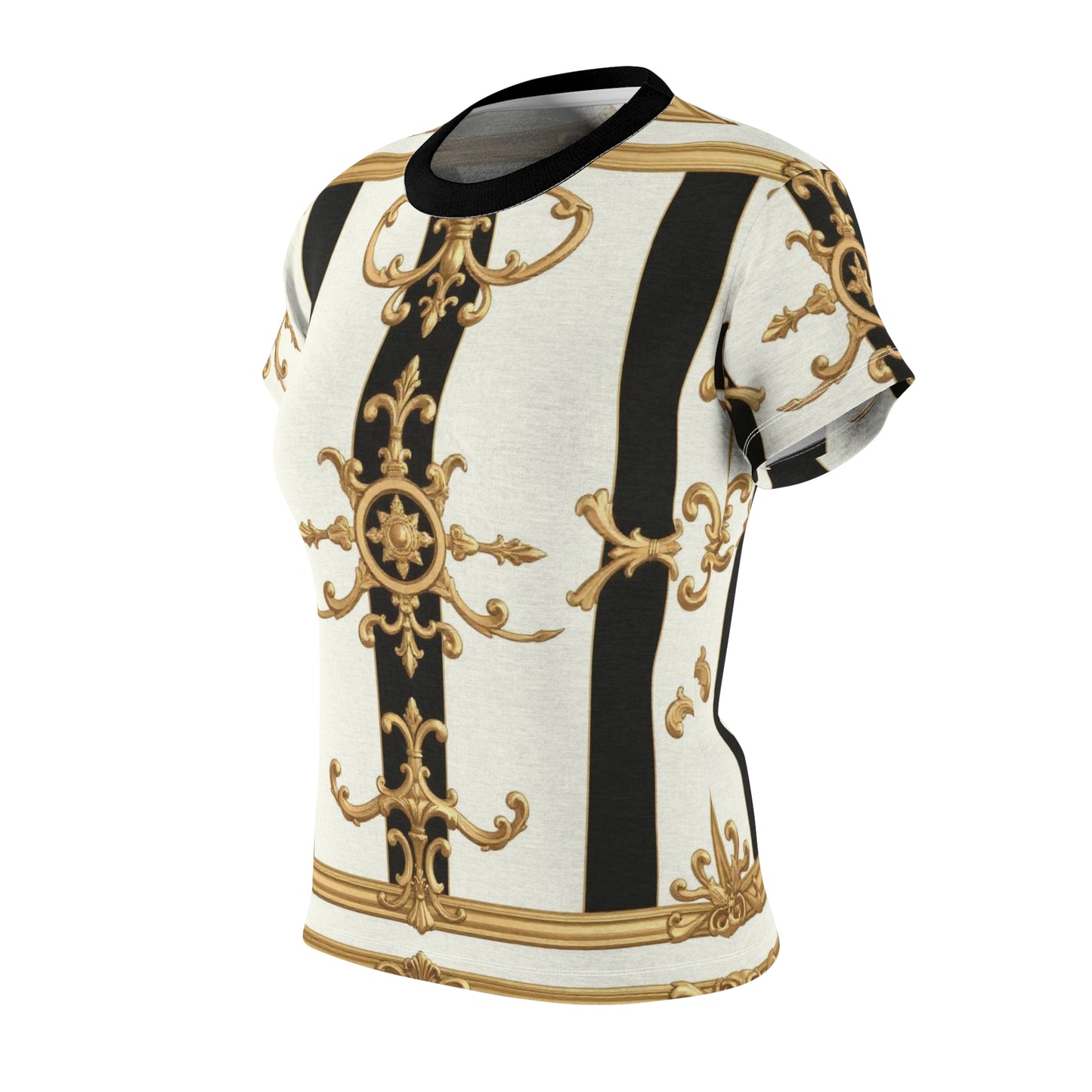 Elegant Women's AOP Tee, Fashion Tee, Versatile Graphic Top, Gift for Fashion Lovers, Statement Piece - Black & White Striped Gold Baroque