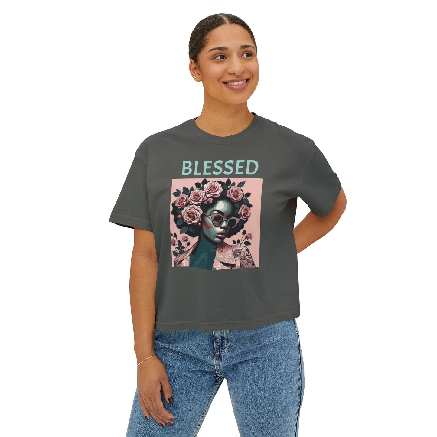 Blessed Women's Boxy Tee - Floral Graphic Shirt, Trendy Casual Top, Perfect Gift for Her, Boho Fashion, Self-Care Reminder - Mint Lettering