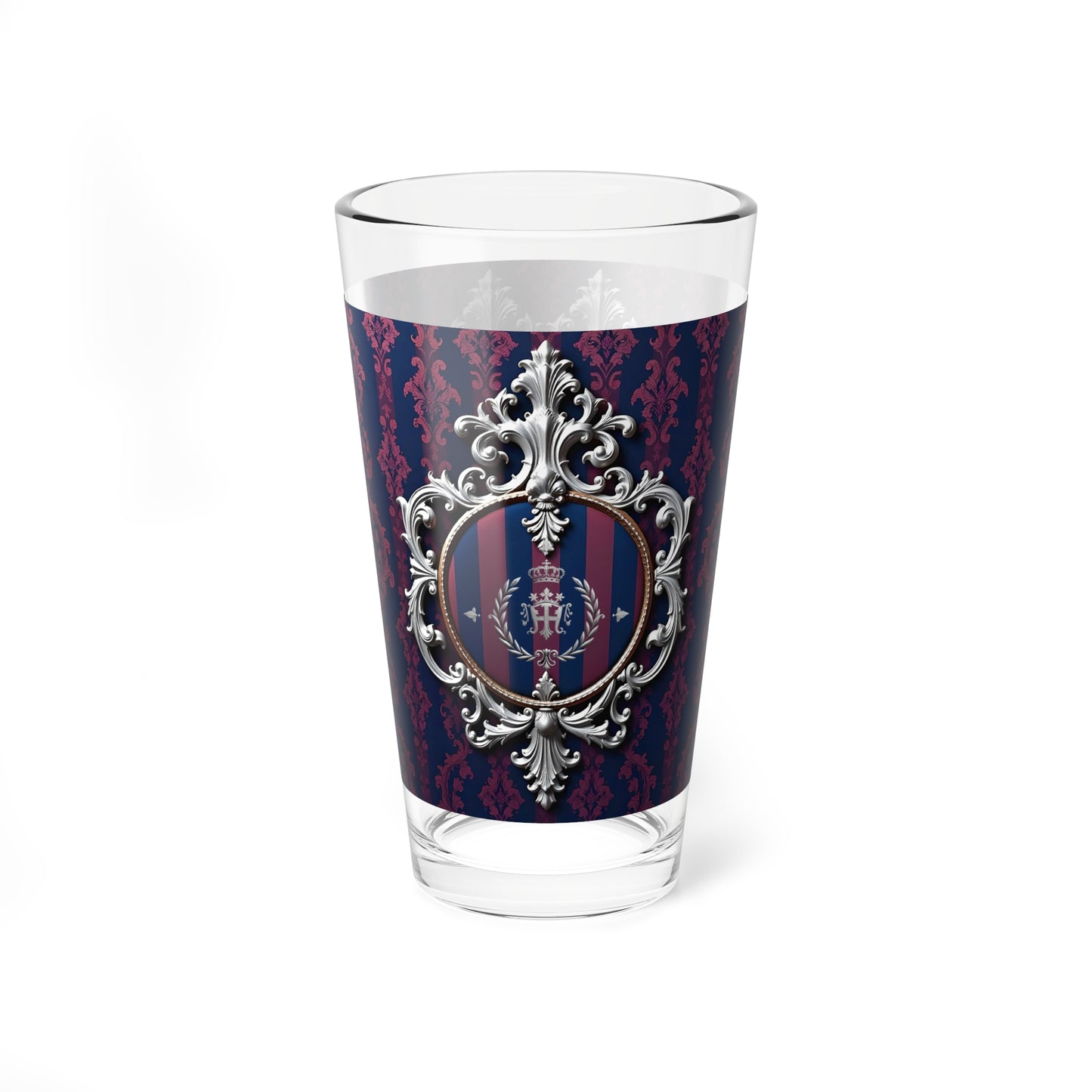 Elegant Mixing Glass, Vintage Inspired Barware, 16oz Cocktail Glass, Perfect for Parties, Home Bars, and Gifts - Blue & Plum Striped Silver Crest