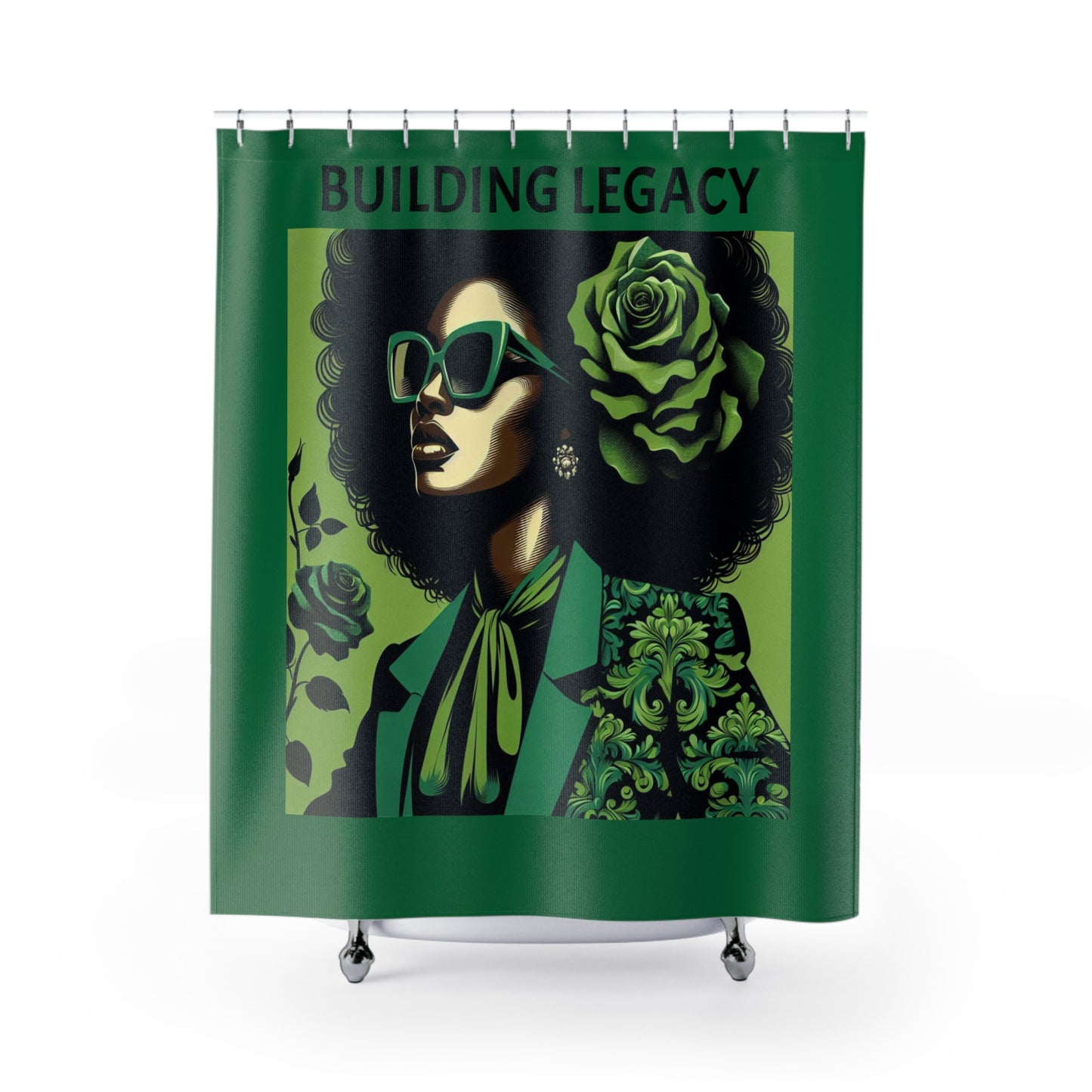 Chic Afro Woman Shower Curtain - Vibrant Bathroom Decor, Boho Home, Unique Gift for Her, Green Floral Design, Modern Art - Building Legacy