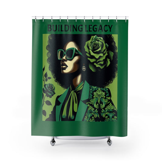 Chic Afro Woman Shower Curtain - Vibrant Bathroom Decor, Boho Home, Unique Gift for Her, Green Floral Design, Modern Art - Building Legacy