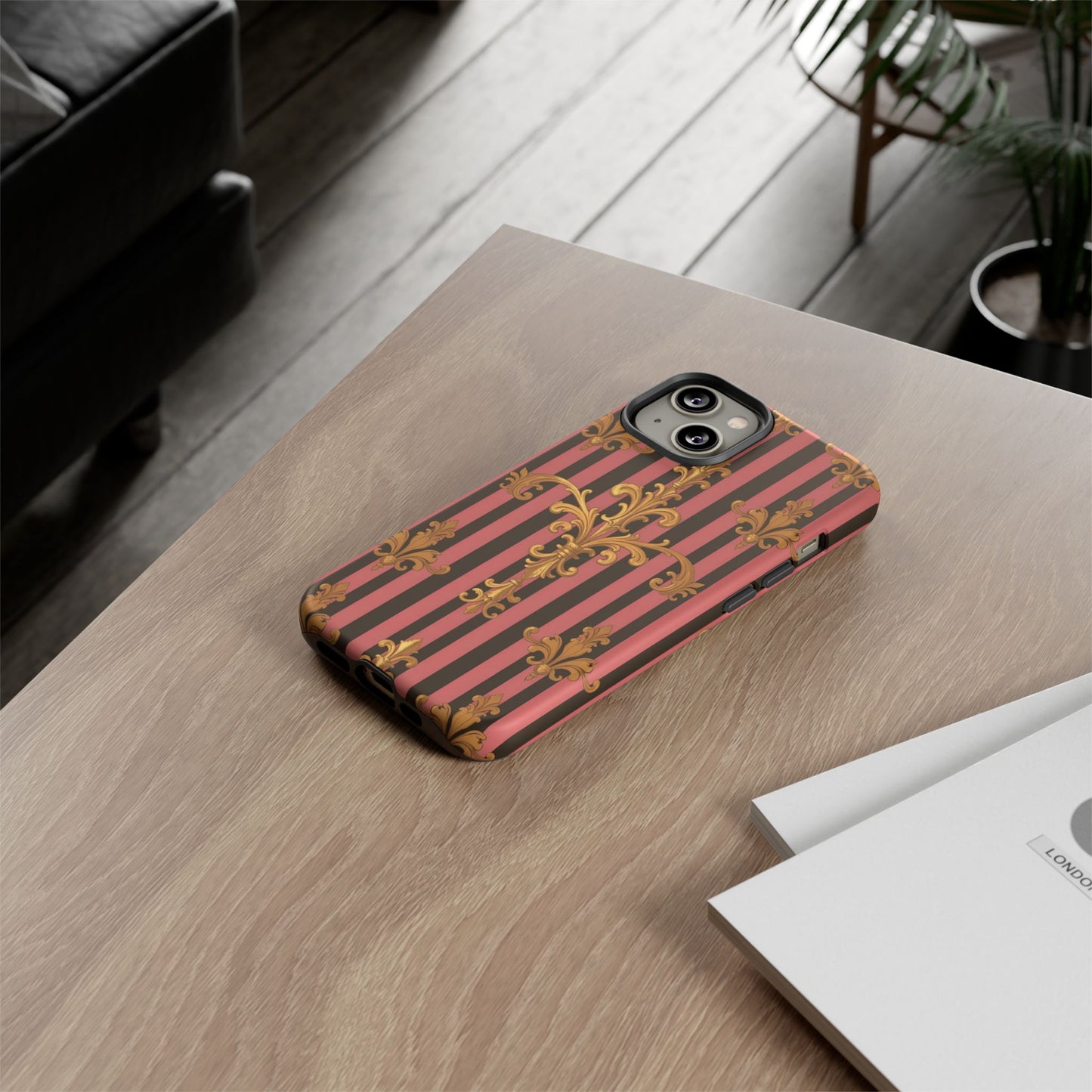 Elegant Floral Motif Phone Case - Tough Cases with Vintage Design - Mauve Striped Gold Damask