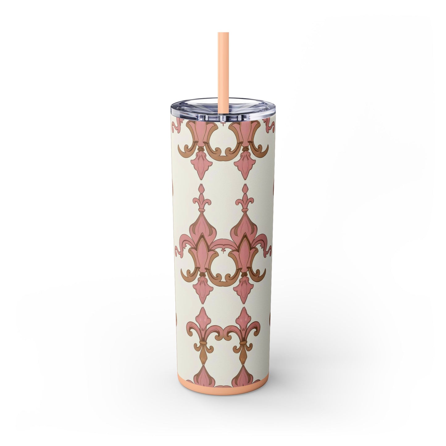 Elegant Floral Skinny Tumbler, 20oz Drinkware, Stylish Travel Mug, Wedding Gift, Personalized Gift, Eco-Friendly Cup - Brown Striped Pink Arabesque