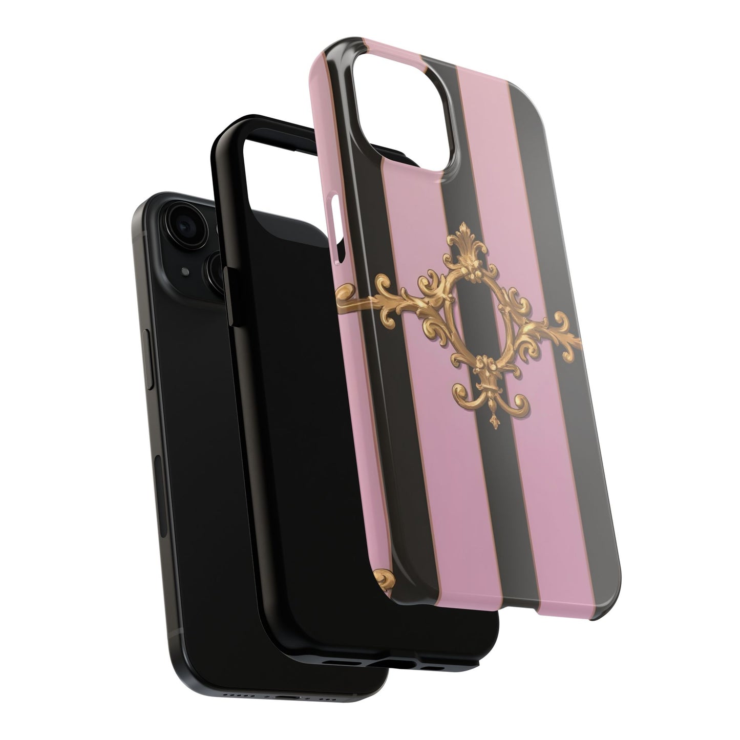 Stylish Tough Phone Case for Elegant Protection, Fashionable Accessories, Smartphone Cover - Matte Lavender & Black Striped Gold Baroque