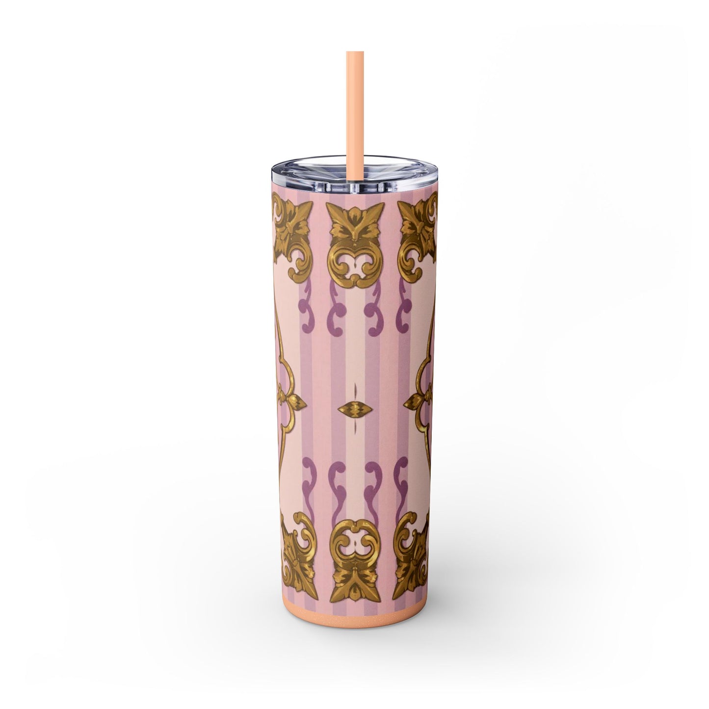 Elegant Lavender & Alabaster Striped Gold Baroque Tumbler - Insulated 20oz Skinny Cup with Straw, Ideal for Gifts, Parties, and Daily Use