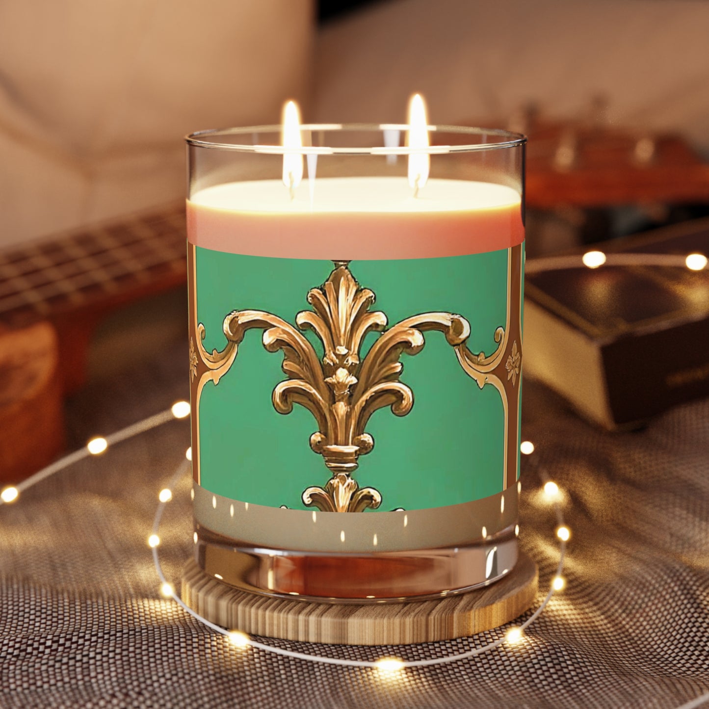 Elegant Green & Gold Scented Candle - 11oz Full Glass - Rust & Green Striped Baroque