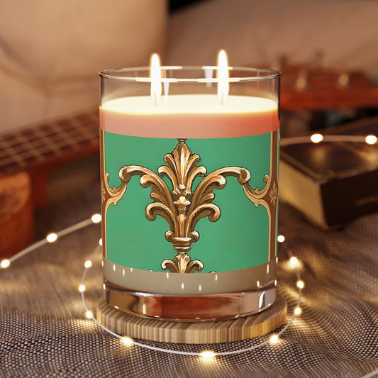 Elegant Green & Gold Scented Candle - 11oz Full Glass - Rust & Green Striped Baroque