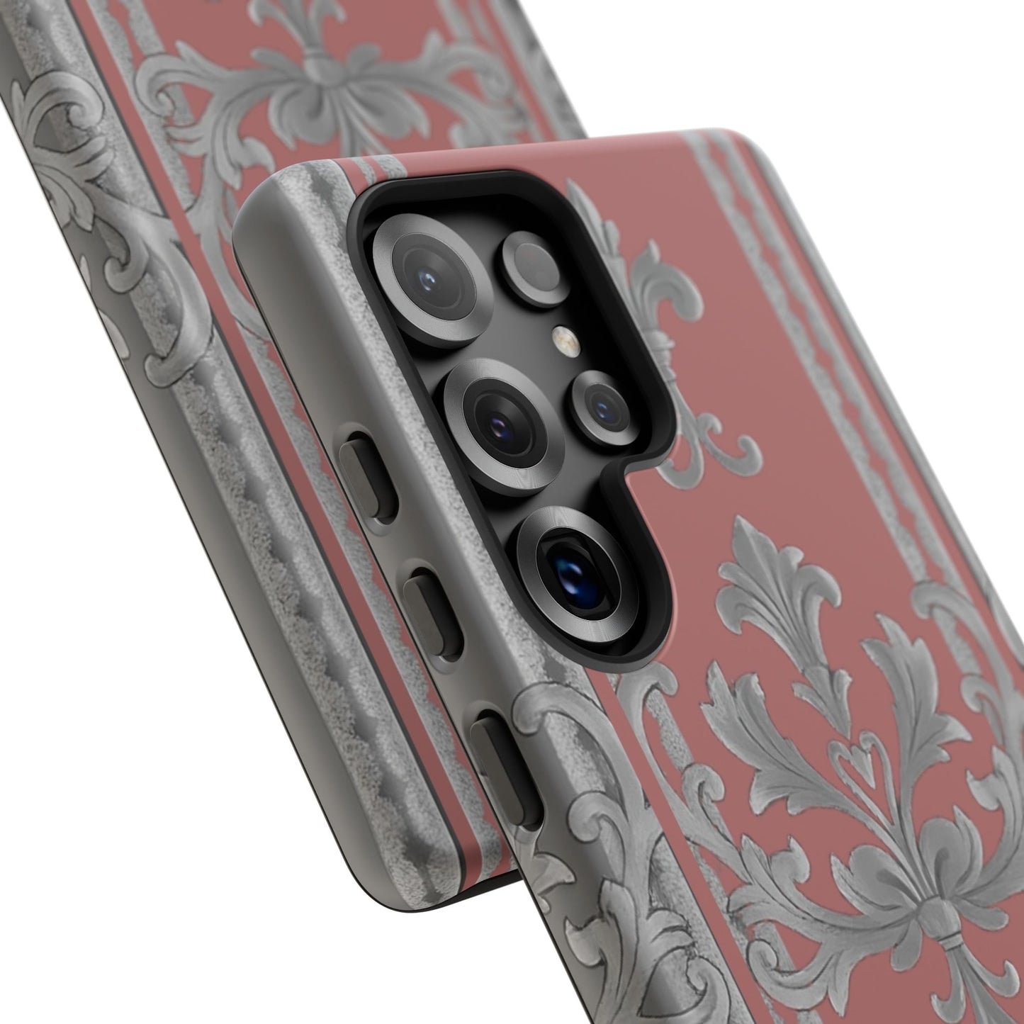 Elegant Floral Phone Case - Tough Cases for Stylish Protection - Gray & Mauve Striped Baroque