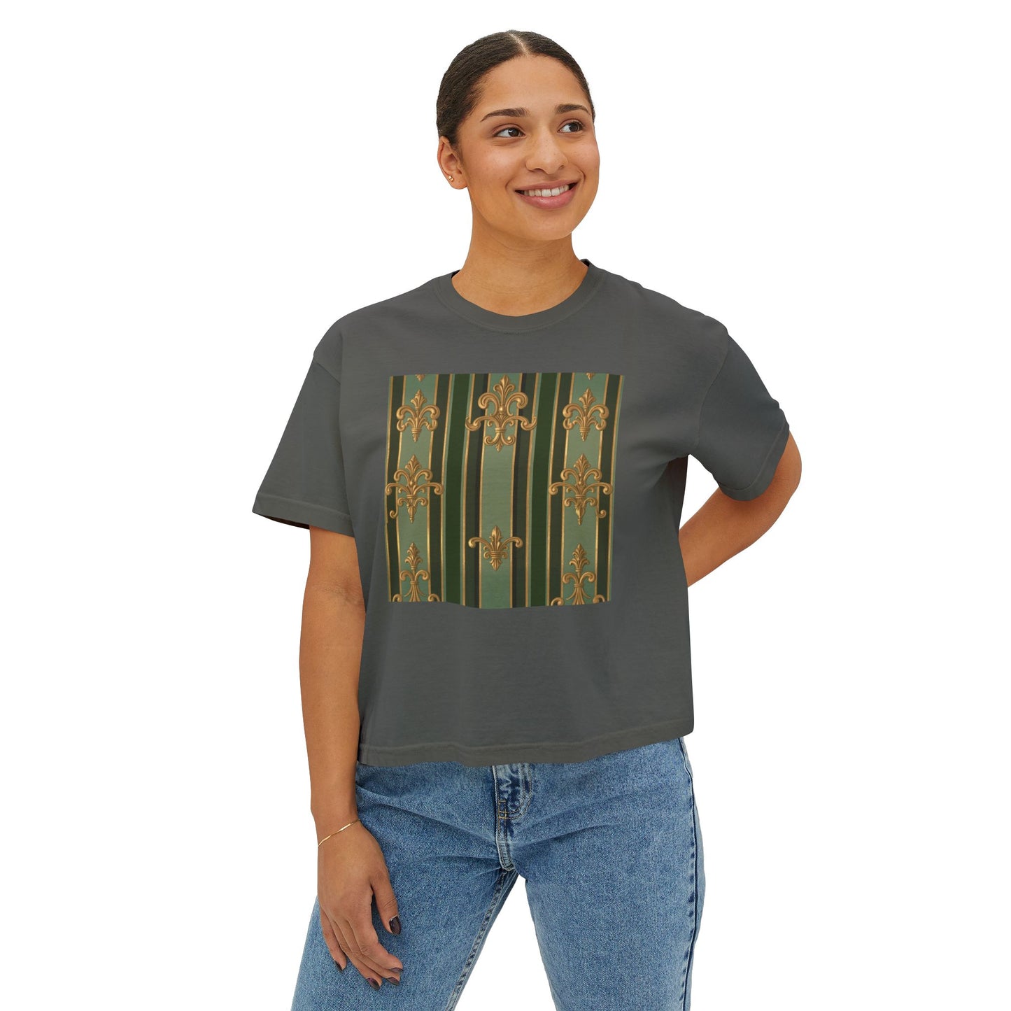 Vintage-Inspired Women's Boxy Tee | Relaxed Fit Shirt for Casual Outings, Everyday Wear, Birthday Gift - Green Striped Gold Baroque