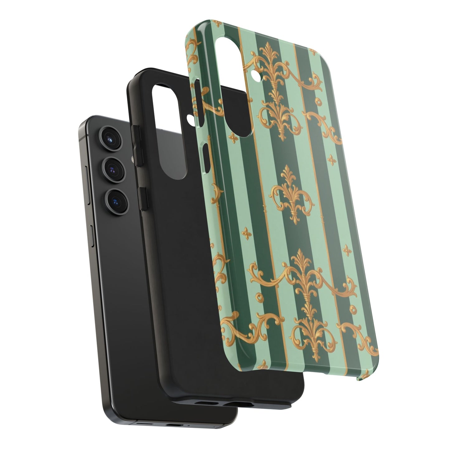 Elegant Floral Tough Phone Cases | Stylish Phone Protection, Gift for Her, Trendy Accessory, Unique Decor - Mint Green & Teal Striped Gold Baroque