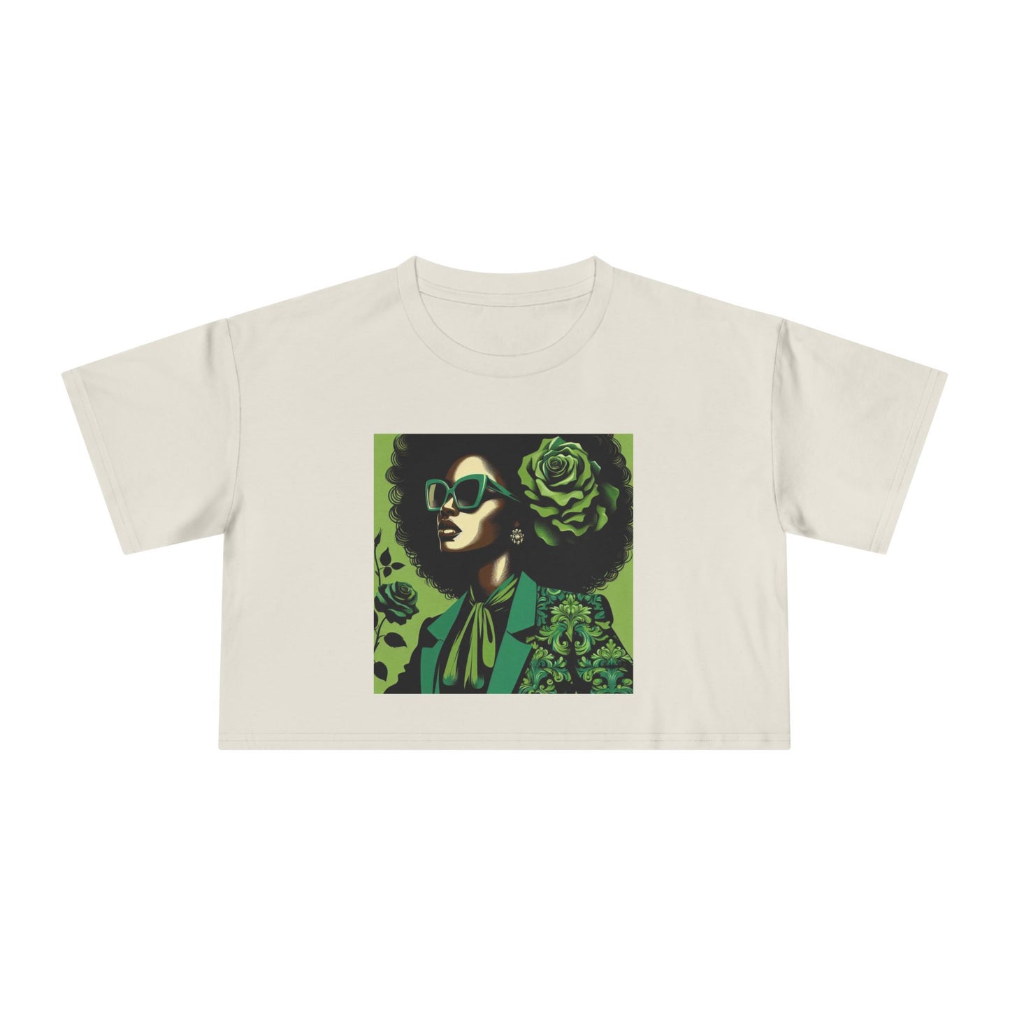 Stylish Women's Crop Tee with Damask Design | Trendy Summer Top, Afro Crop Shirt, Casual Wear, Gift for Her - Lady in Green Damask