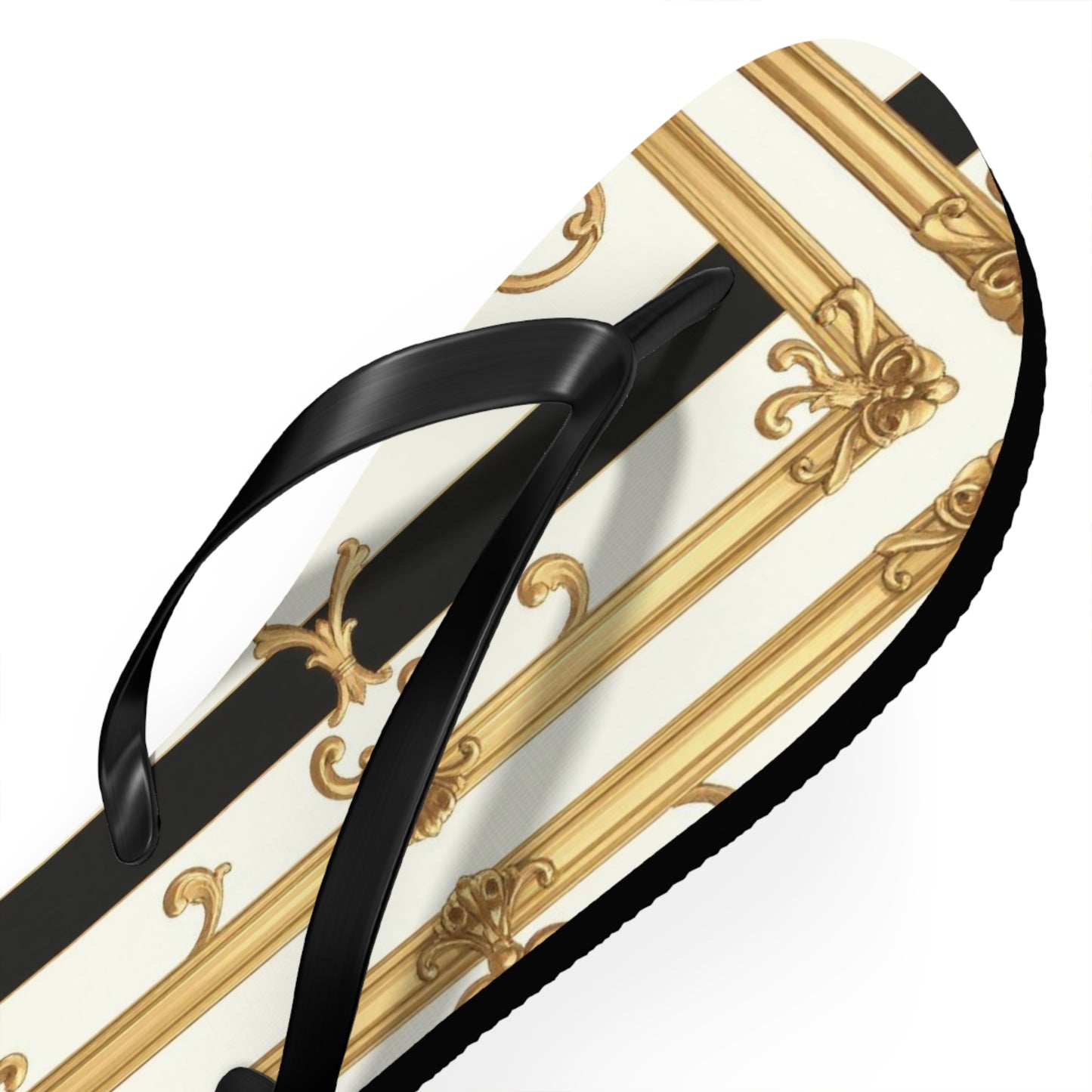 Chic Flip Flops with Elegant Design, Summer Sandals, Perfect Beach Footwear, Vacation Footwear - Black & White Striped Gold Baroque