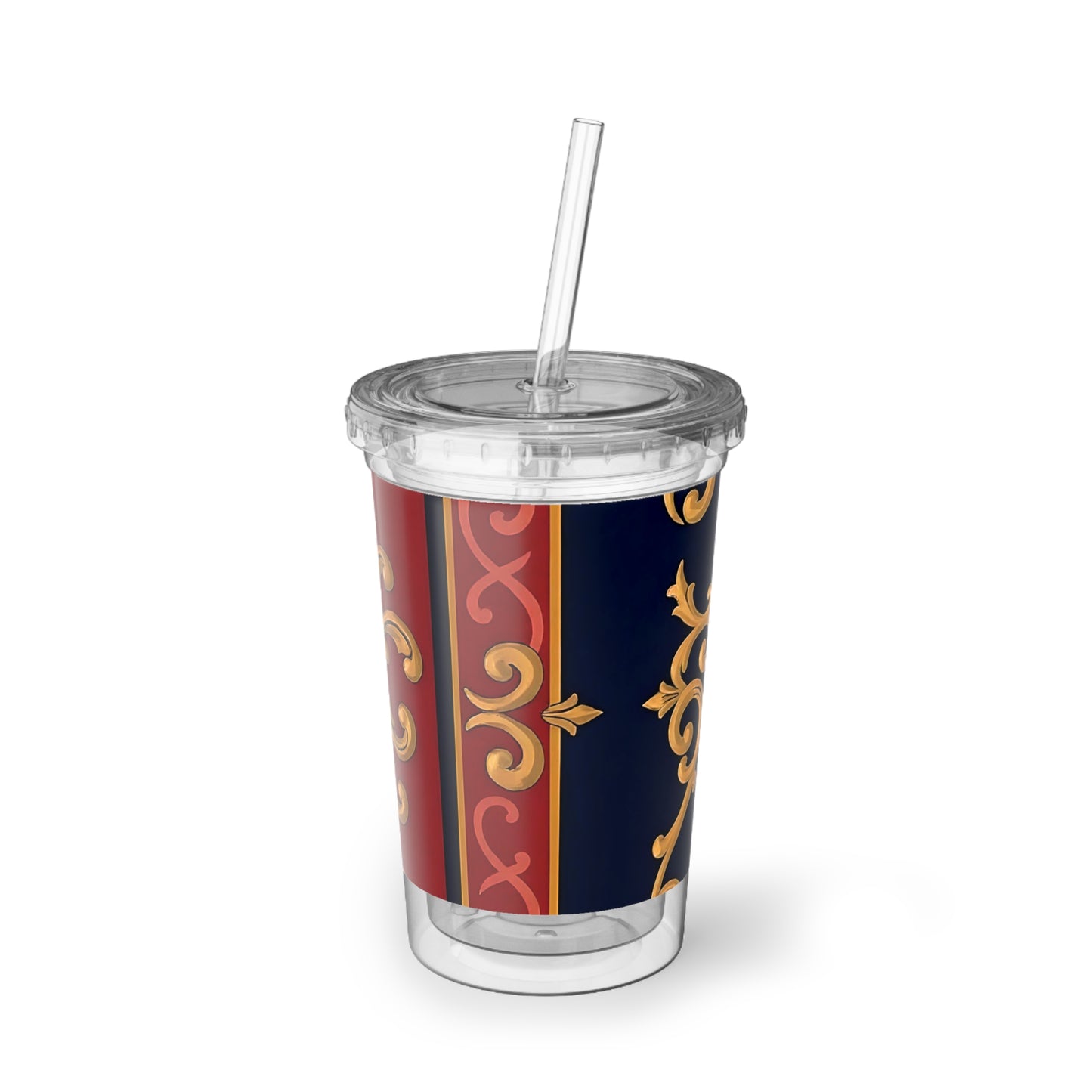 Elegant Acrylic Travel Cup with Gold Floral Design, Personalized Tumbler, Insulated Cup for Hot/Cold Beverages - Midnight Blue & Dusk Red Gold Baroque