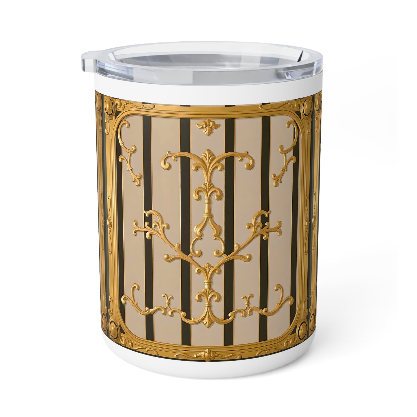 Elegant Insulated Coffee Mug, 10oz - Perfect for Home, Office, Travel, Gift for Coffee Lovers, Decorative Travel Mug - Beige Striped Gold Rococo