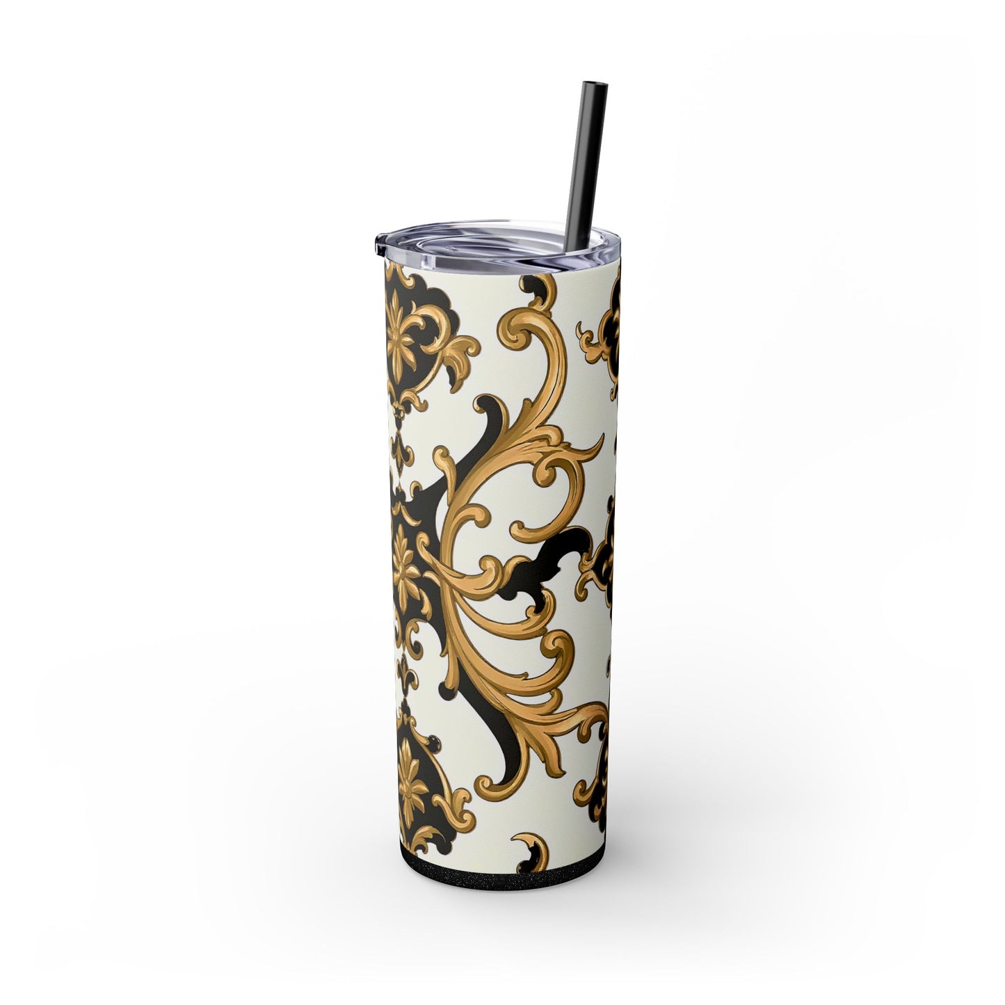 Elegant Gold Floral Skinny Tumbler, 20oz | Insulated Cup for Hot & Cold Drinks, Travel Mug, Gift for Mom, Stylish Drinkware - Black & Gold Rococo
