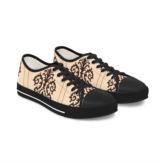 Almond-Beige & Brown Baroque Pattern Women's Low Top Sneakers — Elegant Vintage Baroque Design