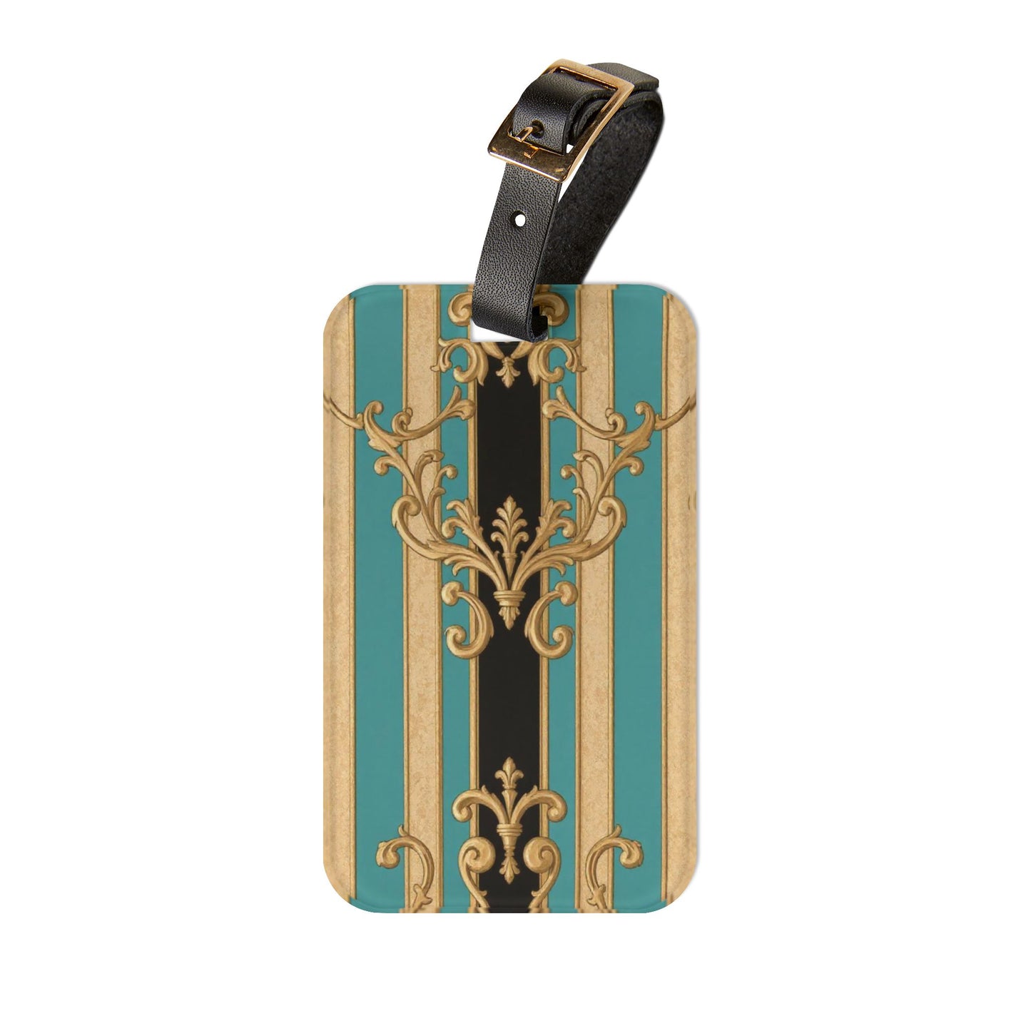 Elegant Black, Tan & Ocean Green Striped Gold Baroque Vintage Luggage Tag, Travel Accessory, Personalized Baggage Identifier, Great for Gifts