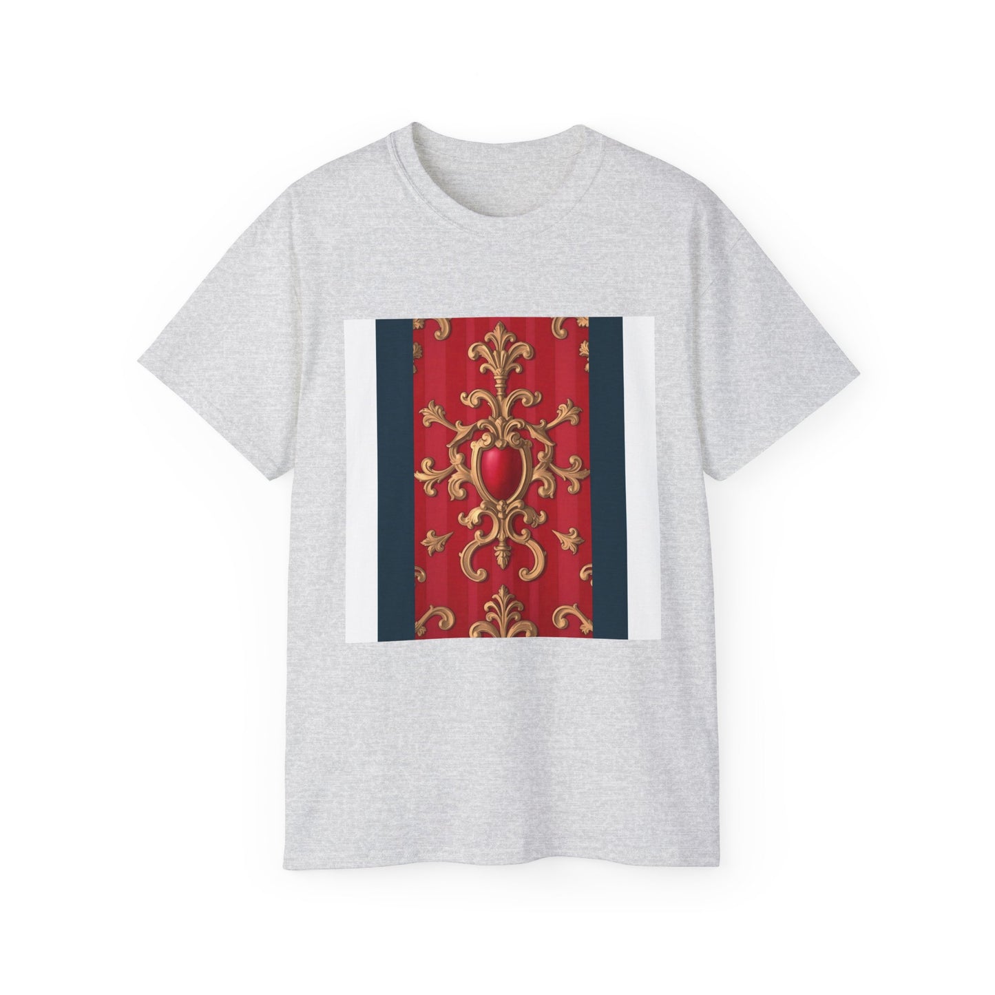 Regal Red Baroque T-Shirt, Artistic Tee, Gift for Art Lovers, Fashionable Statement Shirt, Unique Graphic Top - Blue, Red & White Striped Baroque