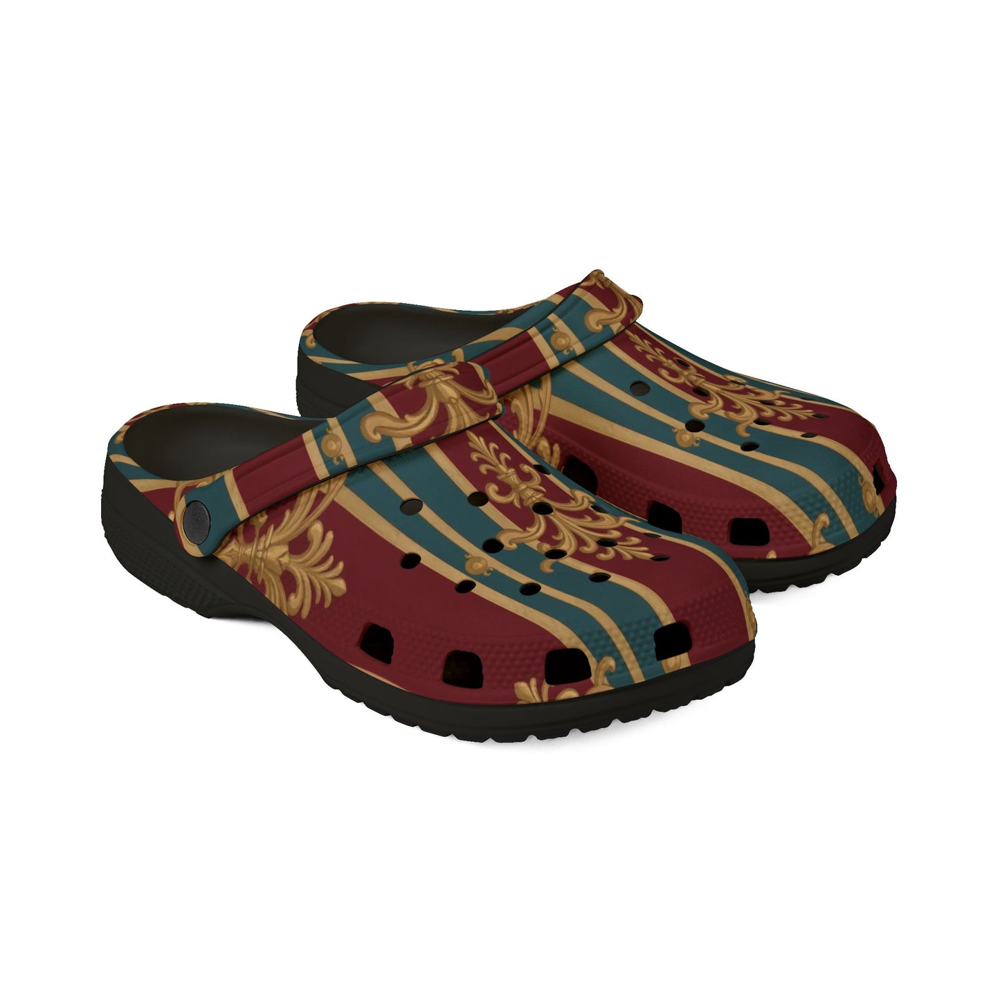 Stylish EVA Foam Slippers, Comfortable Home Footwear, Boho Slide-On Clogs for Relaxation, Gift for Her - Burgundy Striped Gold Baroque