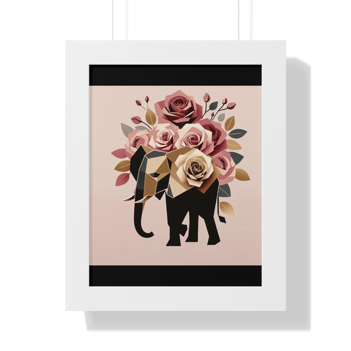 Vertical Poster - Black & Gold Elephant & Roses Wall Art