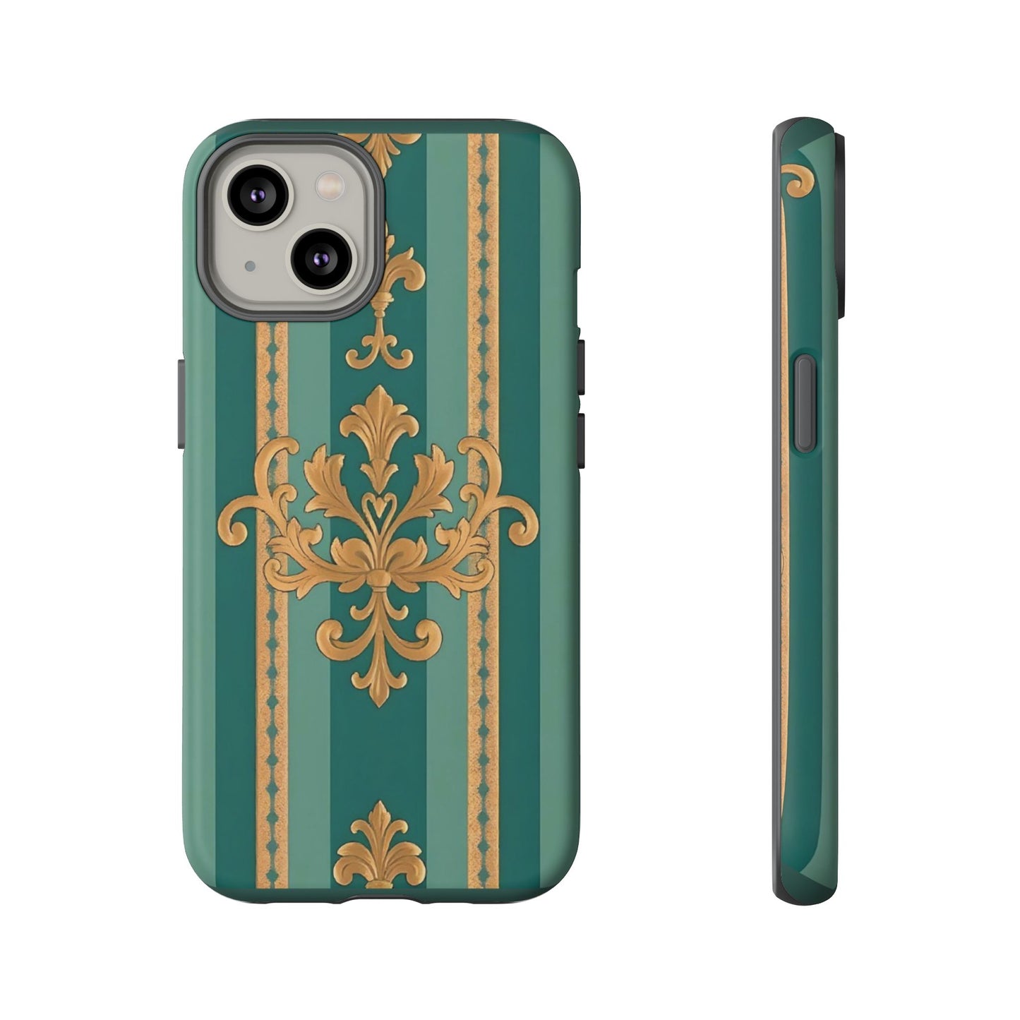 Elegant Floral Motif Phone Case - Tough Cases with Vintage Design - Teal Striped Gold Damask