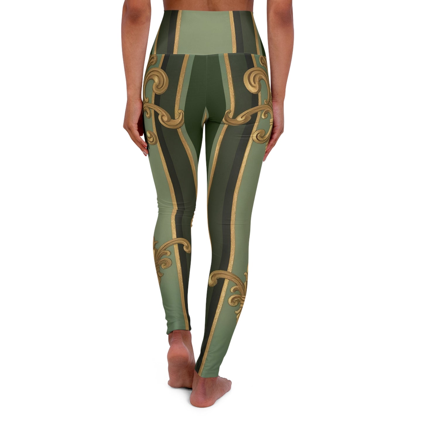 Stylish High Waisted Yoga Leggings, Comfortable Activewear, Fitness, Gym, Casual Wear, Unique Design, Perfect Gift - Green Striped Gold Baroque