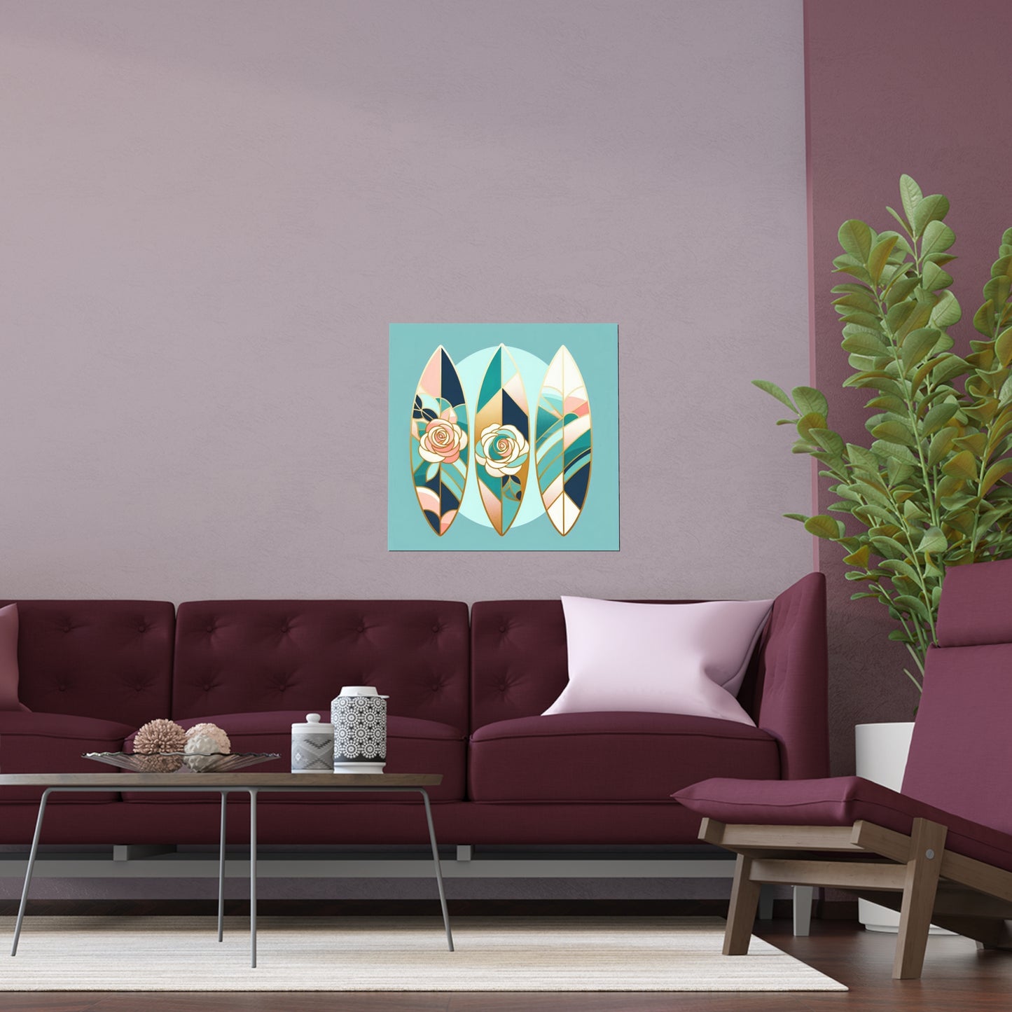 Elegant Floral Silk Poster - Indoor/Outdoor Wall Art for Home Decor - Blue, Pink & Aqua Surfboard & Roses