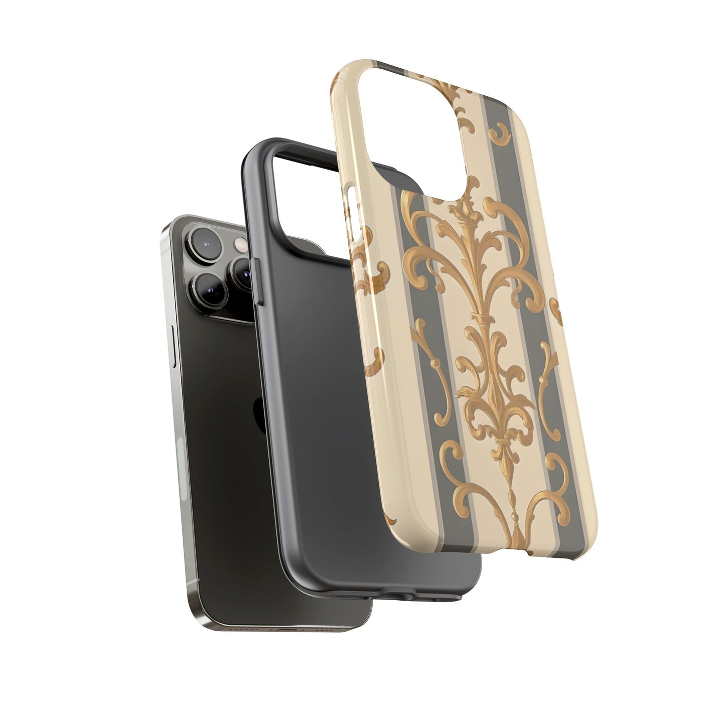 Elegant Floral Motif Phone Case - Tough Cases with Vintage Design - Dusk Olive Striped Gold Damask