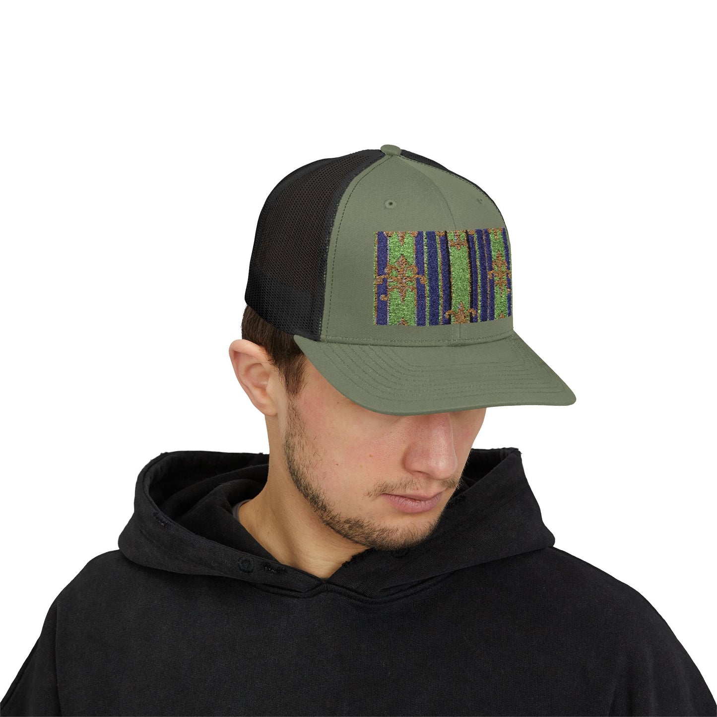 Vibrant Snapback Trucker Cap with Colorful Pattern, Baroque Hat for Festivals, Unisex Cap, Summer Accessory - Green Striped Gold Baroque