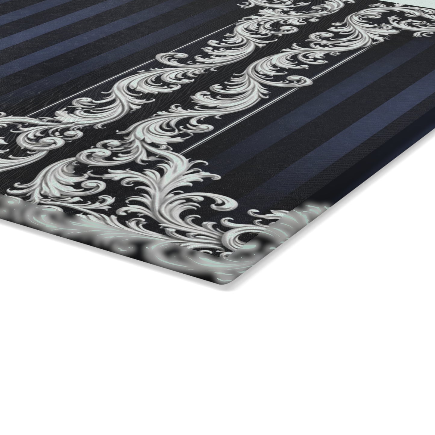 Navy Stripes & Baroque Glass Cutting Board — Elegant Vintage Baroque Scroll Design (Blue or Silver)
