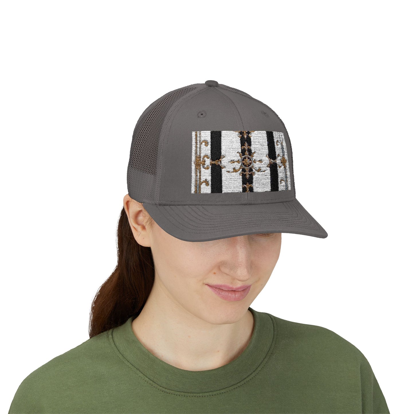Trendy Snapback Trucker Cap, Casual Fashion Hat, Summer Accessory, Gift Idea for Cool Teens, Outdoor Activities - Black & White Striped Gold Baroque