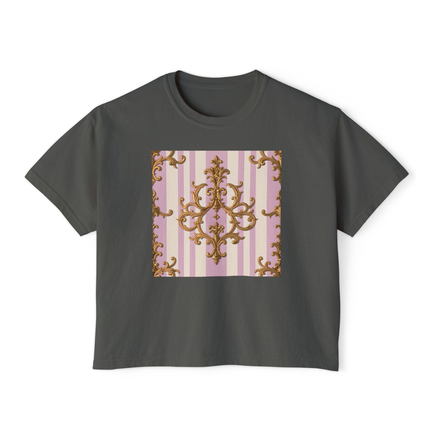 Chic Baroque Women's Boxy Tee, Stylish Cropped T-Shirt, Casual Top, Summer Boxy Tee, Baroque Print Shirt - Lilac & Alabaster Striped Gold Baroque