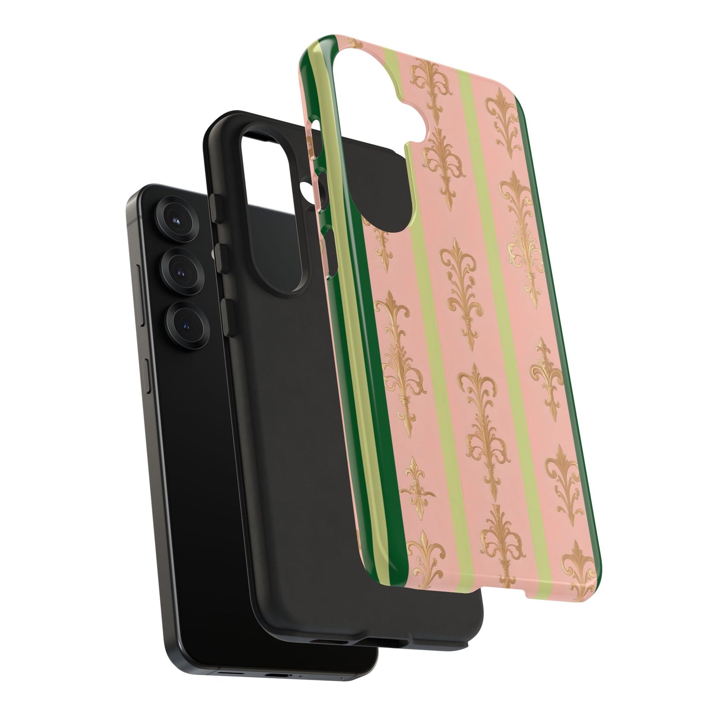 Elegant Floral Motif Phone Case - Tough Cases with Vintage Design - Lime Green & Pink Striped Damask