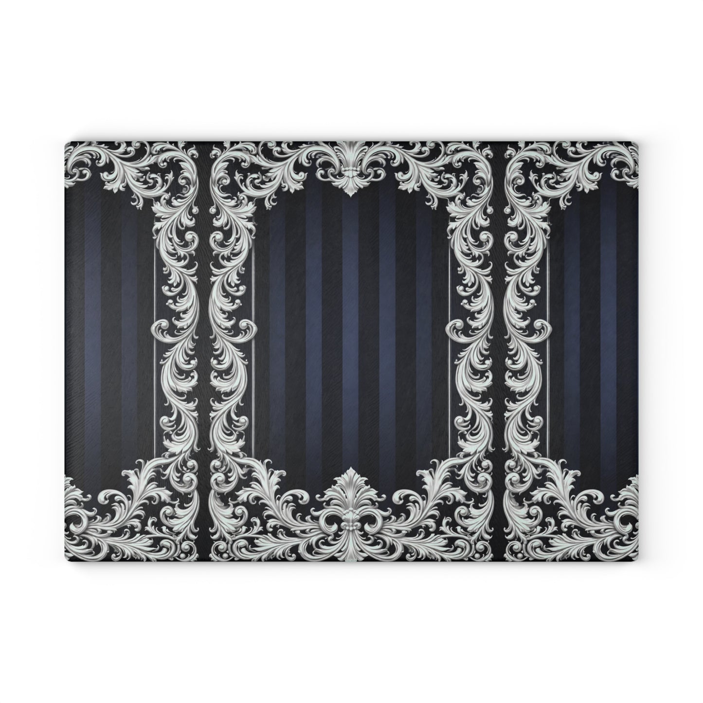 Navy Stripes & Baroque Glass Cutting Board — Elegant Vintage Baroque Scroll Design (Blue or Silver)