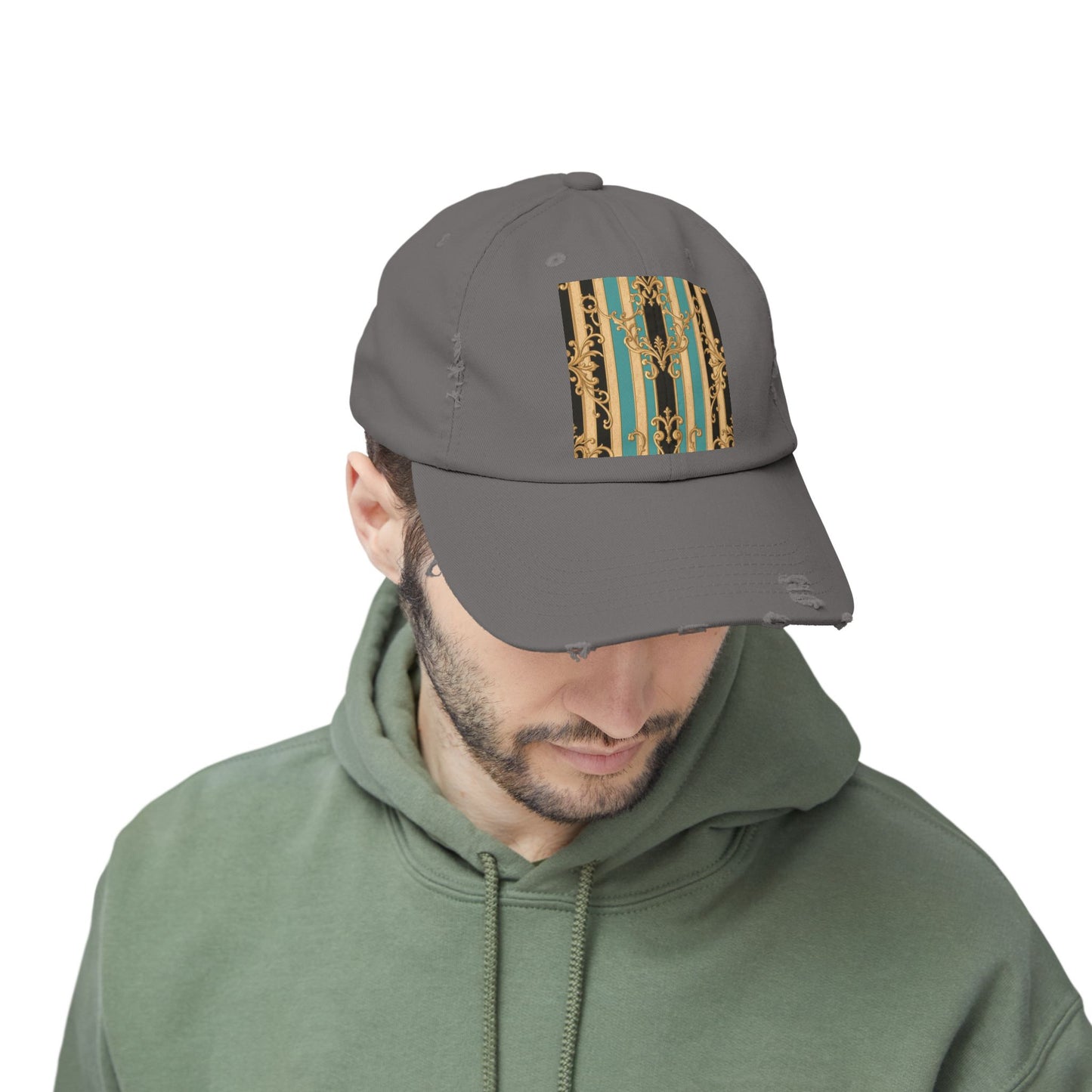 Distressed Black, Tan & Ocean Green Striped Gold Baroque Cap with Elegant Stripe Design | Vintage-Inspired Accessories, Unisex Casual Hat