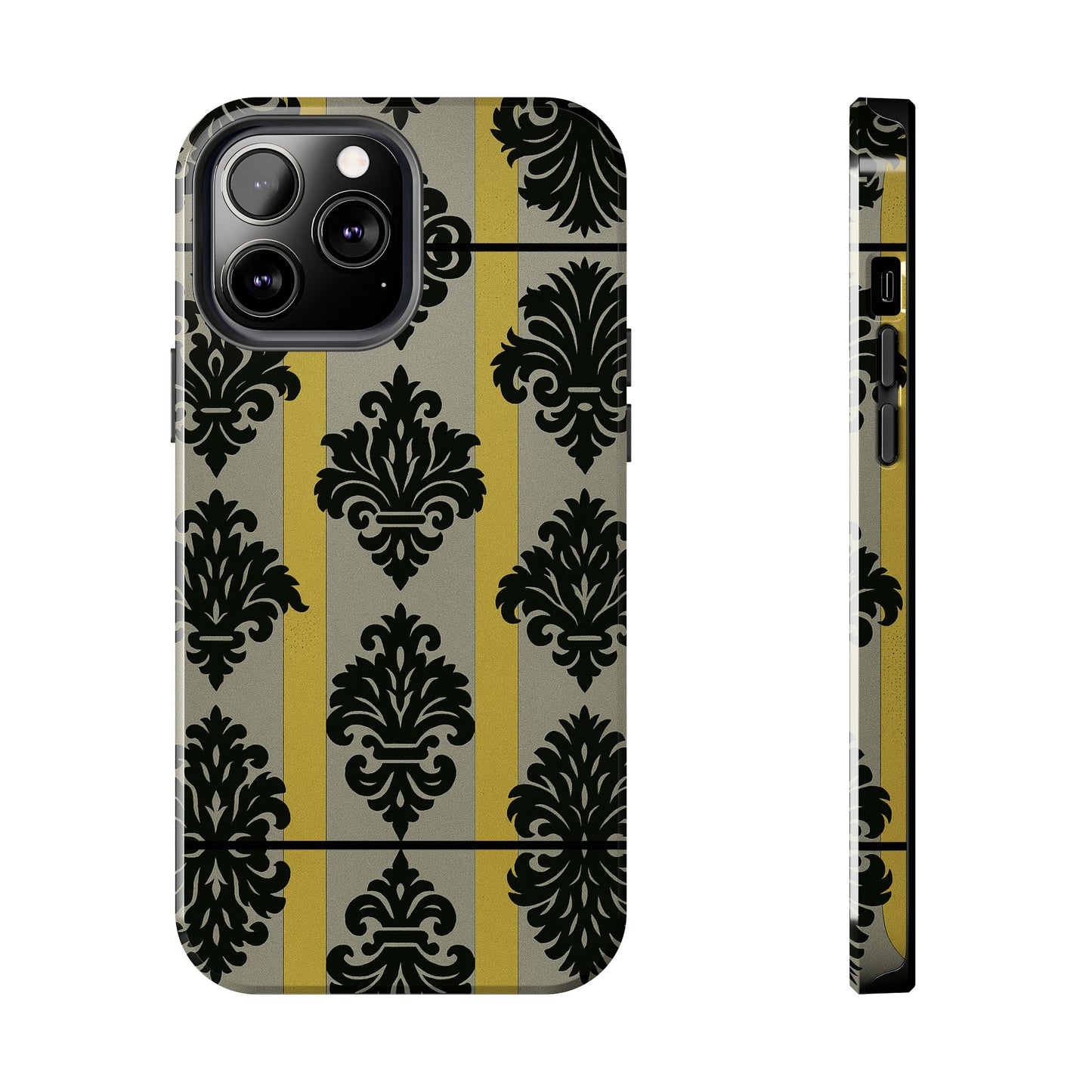 Elegant Baroque Tough Phone Cases | Chic Phone Protection | Gift for Her | Stylish Accessory | Holiday Gift Idea | Silver & Gold Striped Black Baroque