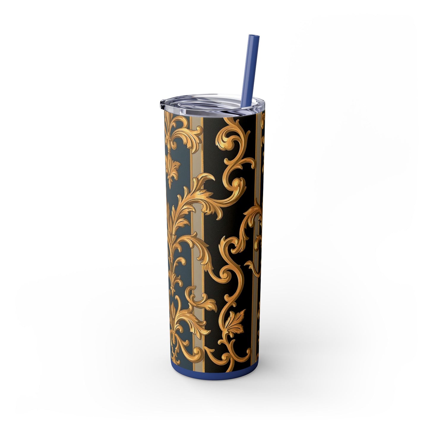 Elegant Gold Floral Skinny Tumbler with Straw, 20oz - Stylish Travel Cup, Gift Idea for Birthdays - Blue & Black Striped Rococo