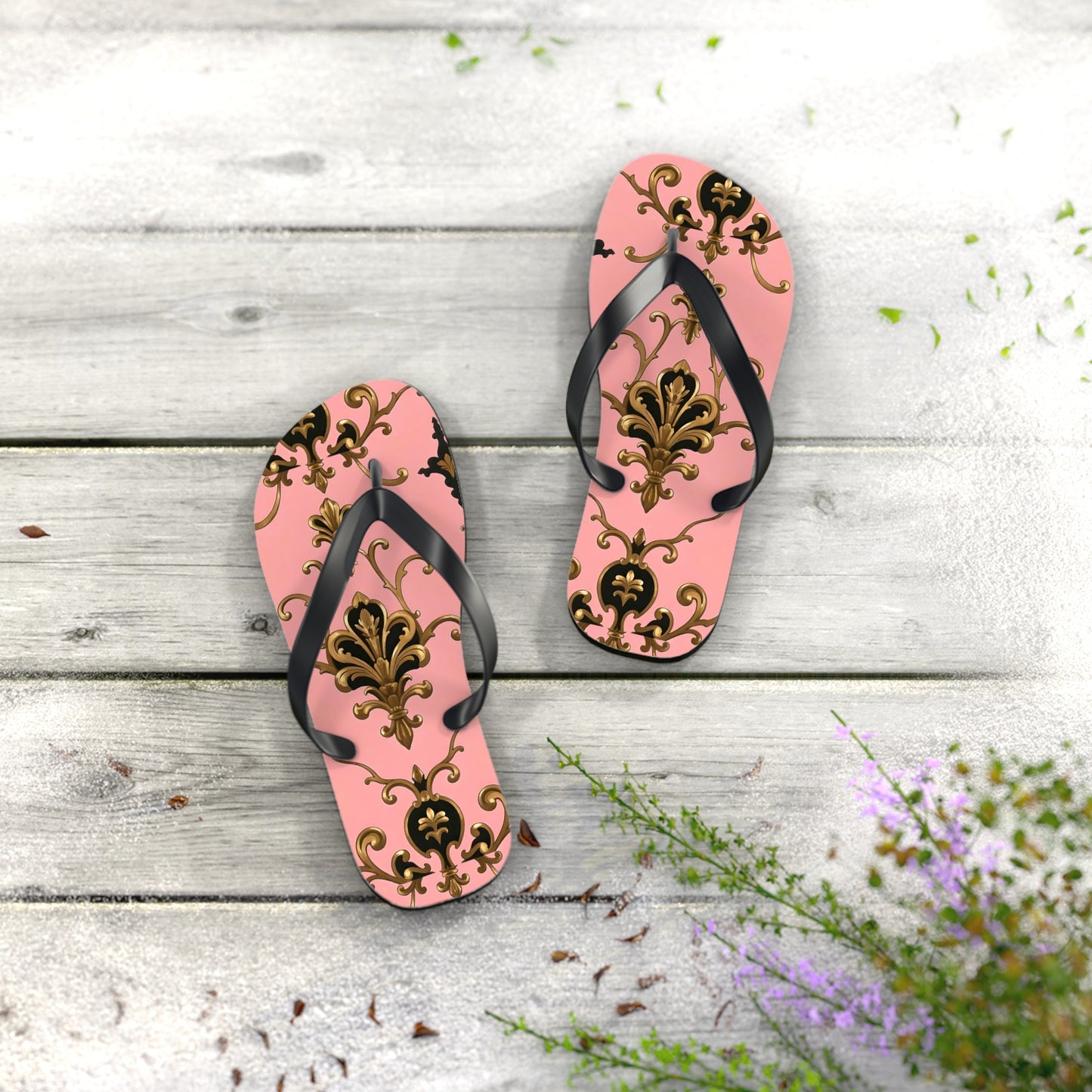 Stylish Flip Flops with Elegant Pink Design, Summer Footwear, Beach Sandals, Vacation Essentials - Pink, Black & Gold Rococo