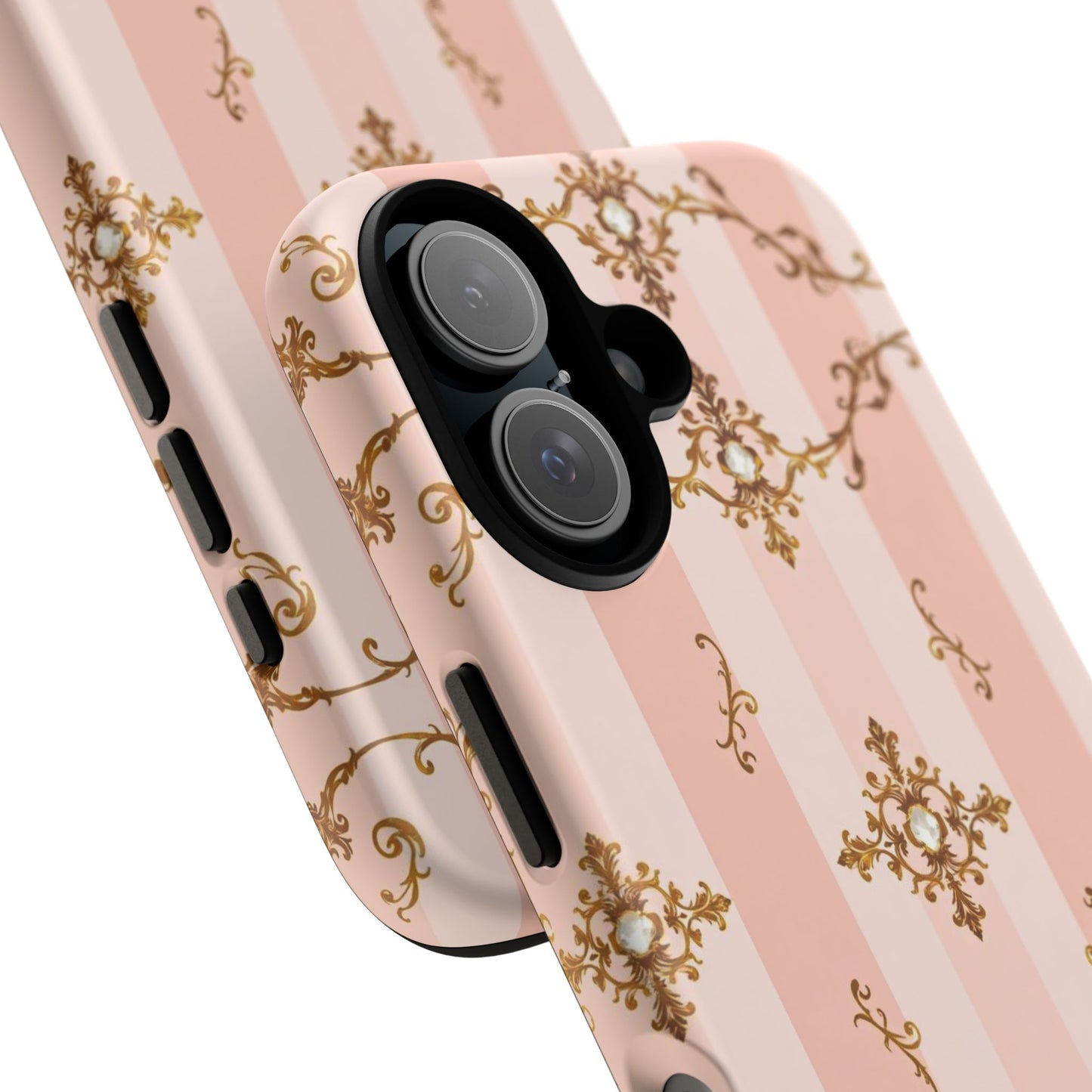 Elegant Floral Phone Case, Tough Cases for Women, Trendy Phone Cover, Chic Gift - Pink Jeweled Striped Gold Baroque