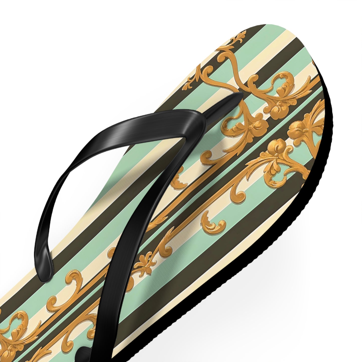 Elegant Patterned Flip Flops, Summer Sandals, Vacation Footwear, Beach Day Slippers, Festival Essentials - Black & Matte Mint Striped Rococo