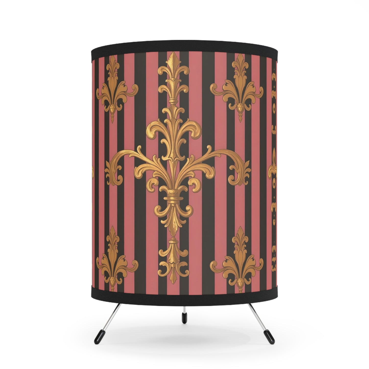 Elegant Tripod Lamp with Vintage Floral Print Shade - High-Res Home Accent - Mauve Striped Gold Damask