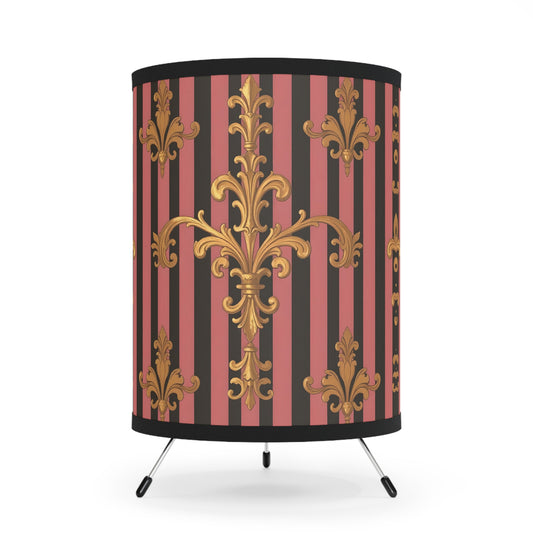 Elegant Tripod Lamp with Vintage Floral Print Shade - High-Res Home Accent - Mauve Striped Gold Damask