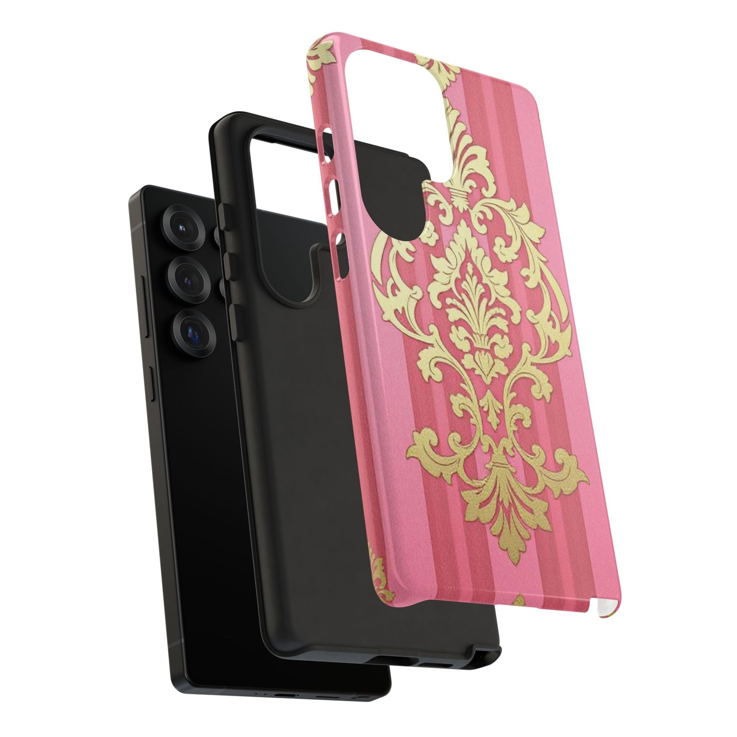 Elegant Floral Motif Phone Case - Tough Cases with Vintage Design - Pink Striped Damask