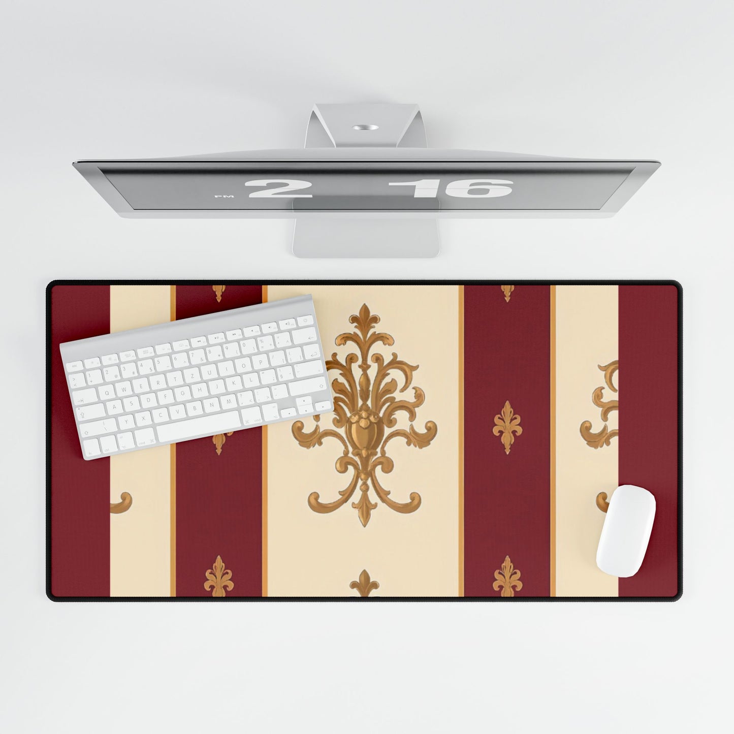 Elegant Floral Motif Desk Mat for Home Office Decor - Dusk Red Striped Gold Damask