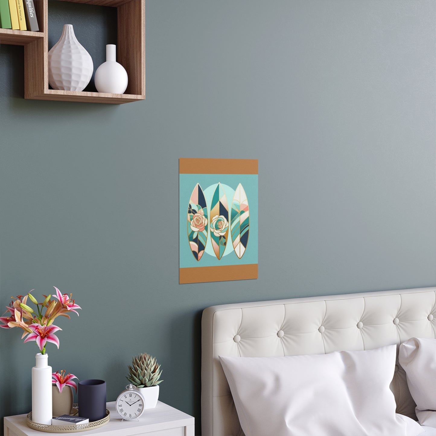 Elegant Floral Silk Poster - Indoor/Outdoor Wall Art for Home Decor - Blue, Pink & Aqua Surfboard & Roses