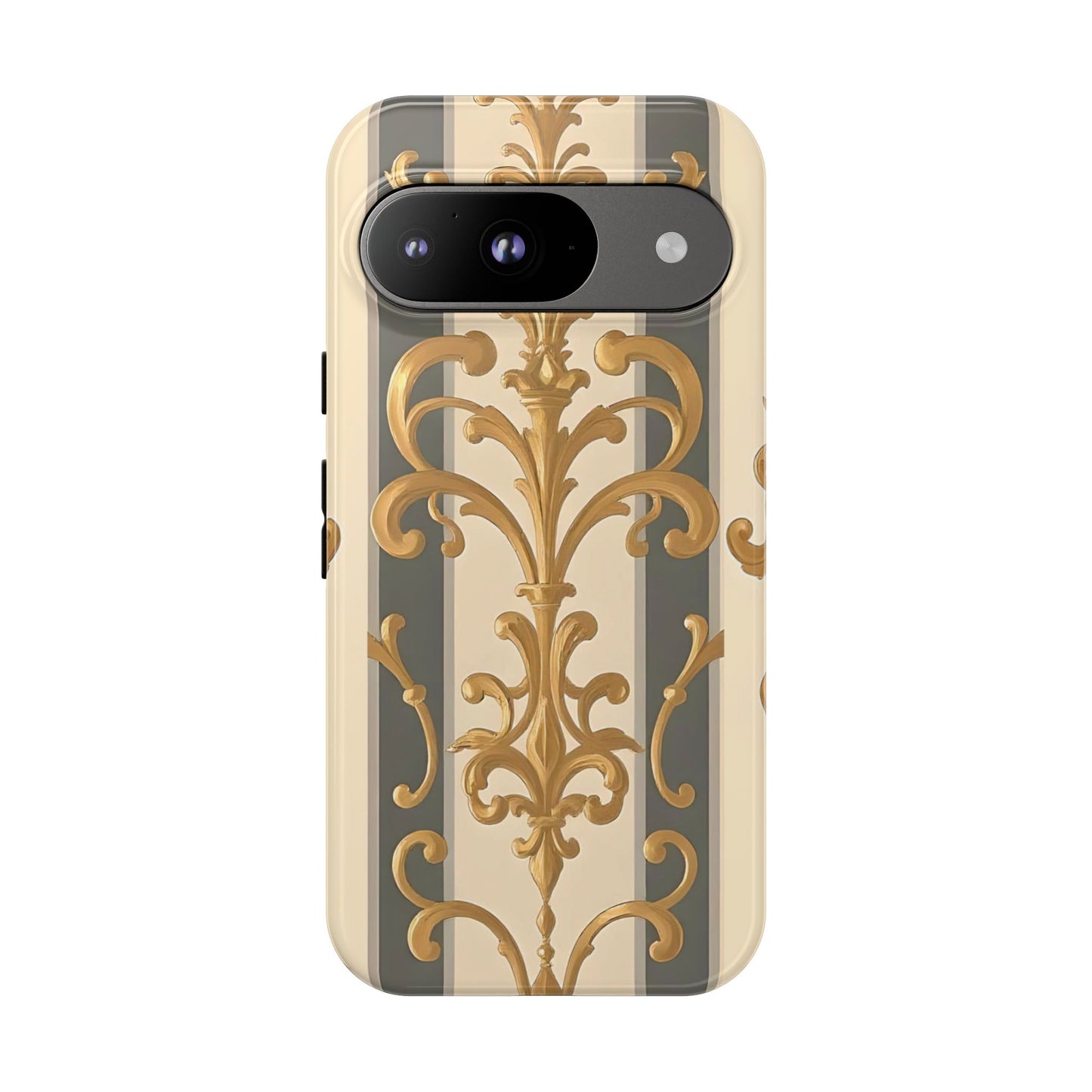 Elegant Floral Motif Phone Case - Tough Cases with Vintage Design - Dusk Olive Striped Gold Damask