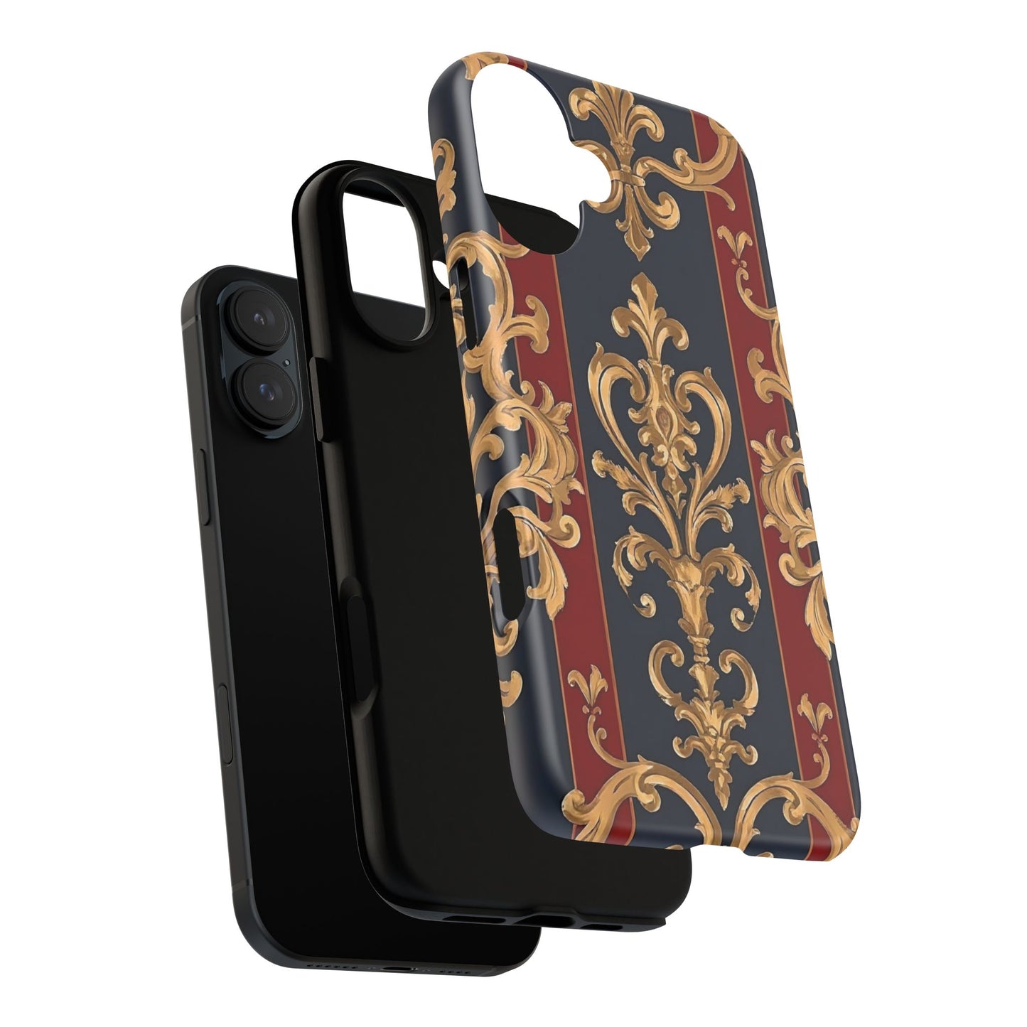 Elegant Floral Motif Phone Case - Tough Cases with Vintage Design - Midnight Blue & Dusk Red Striped Gold Damask